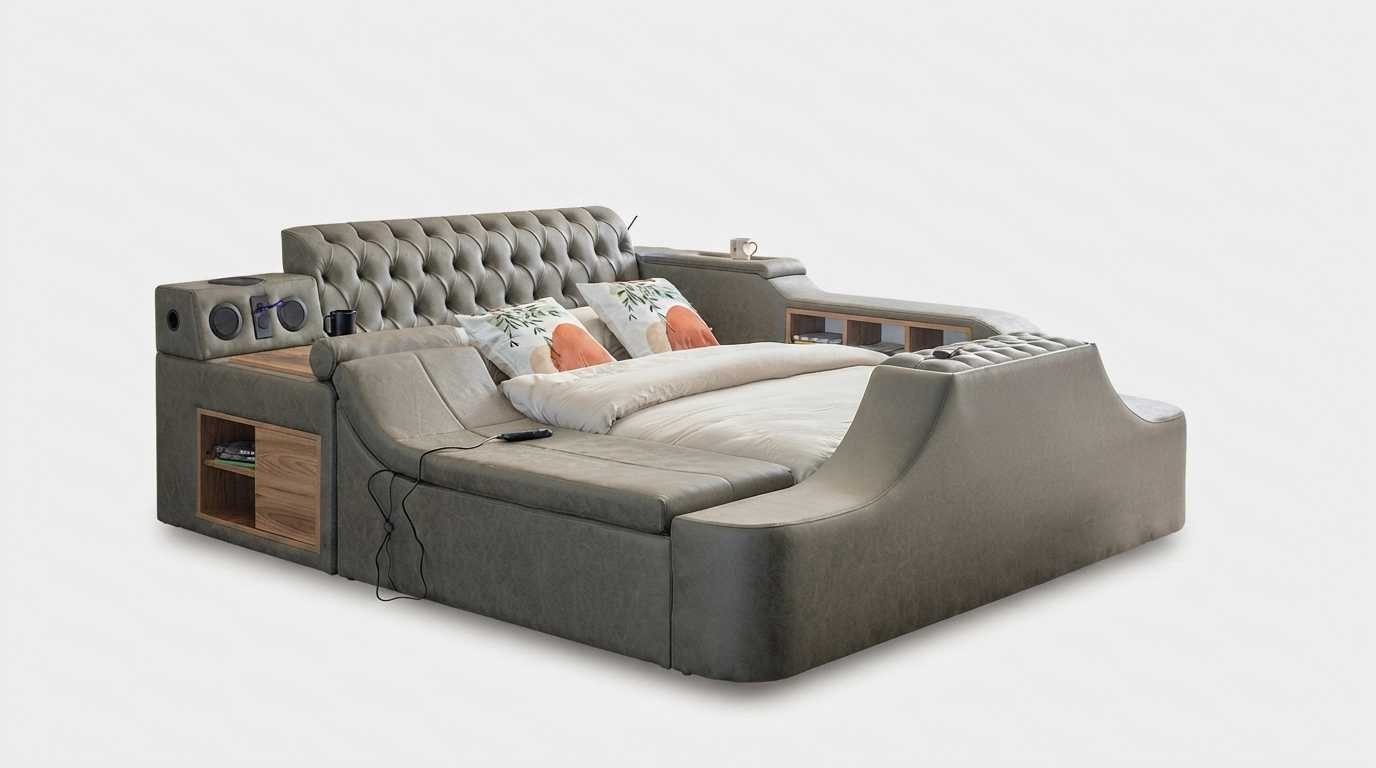 Xlmoebel Multimediabett Chesterfield Multifunktionsbett Grau mit TV-Lift und Stauraum, Made in Europa