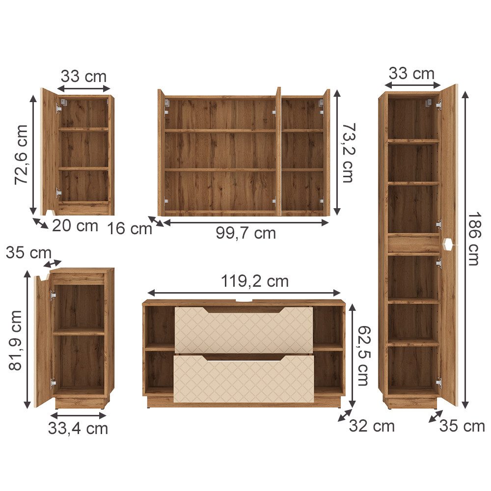 Vicco Badmöbel-Set Lotta, Eiche/Kaschmir mit Kachelstruktur, 5 Teile, (5-St., 5er Set)