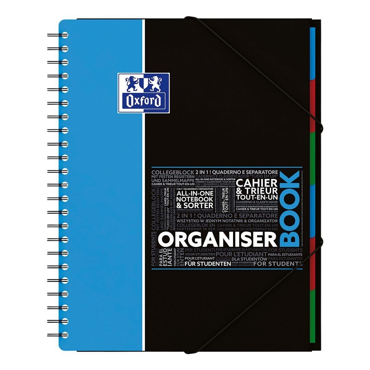 OXFORD Collegeblock Studium Organiserbook, A4+ kariert, 80 Blatt, inkl. 6 Register und Gummizug