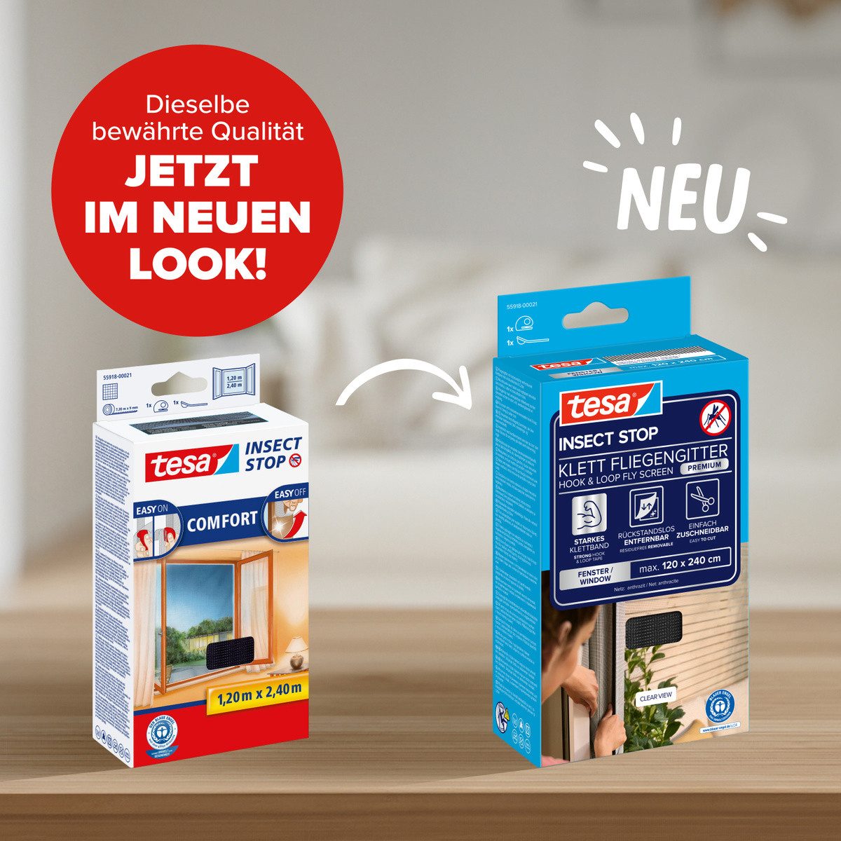 tesa Fliegengitter-Gewebe Premium für Fenster, Insektenschutz mit Klettband - 120 x 240 cm, (Packung, 1-St., Fliegennetz, Klettband, Andrück und Schneidehilfe), Mückenschutz mit starkem Klettband, rückstandsfrei entfernbar