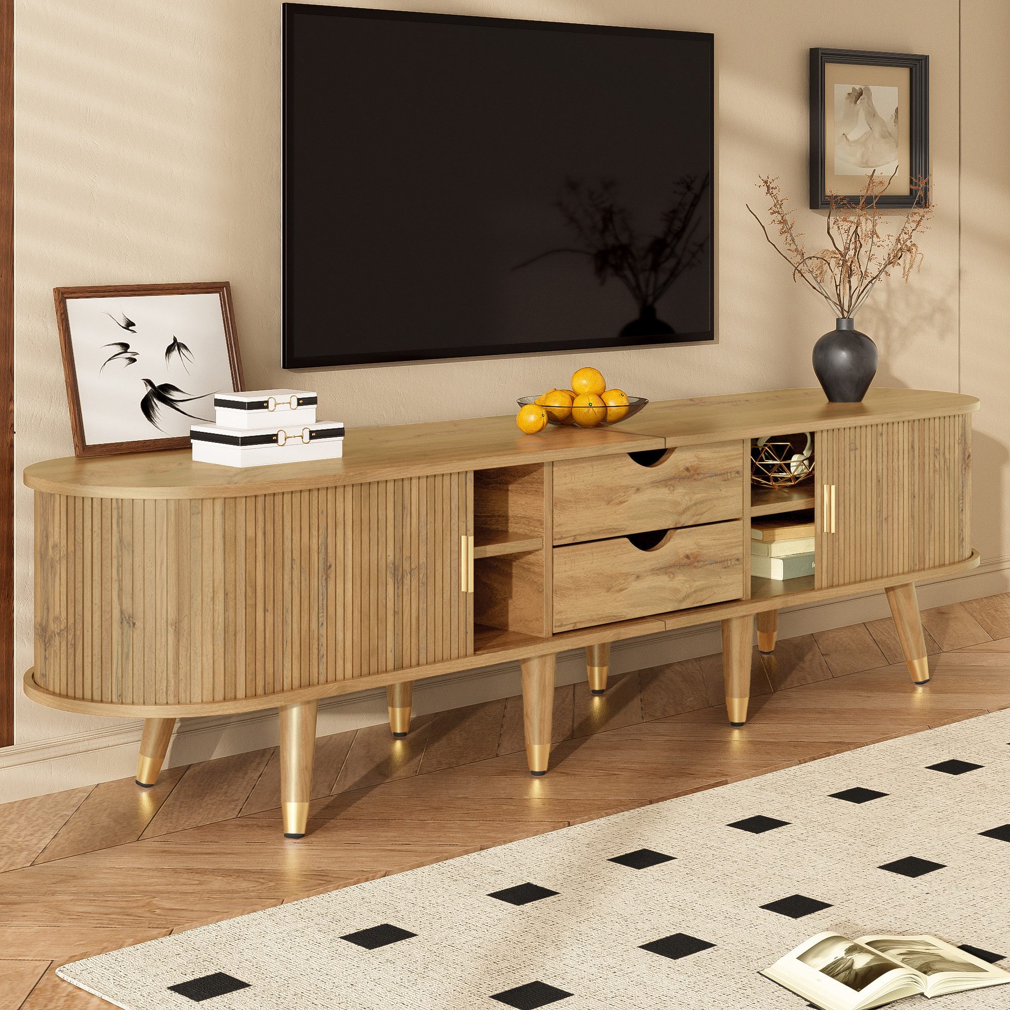 MODFU Lowboard Rustikaler TV-Schrank (Fernsehtisch, Wohnzimmermöbel, Fernsehschrank, 1 St., Walnussoptik, viel Stauraum), natürliches Design, Holzfarbe-Optik