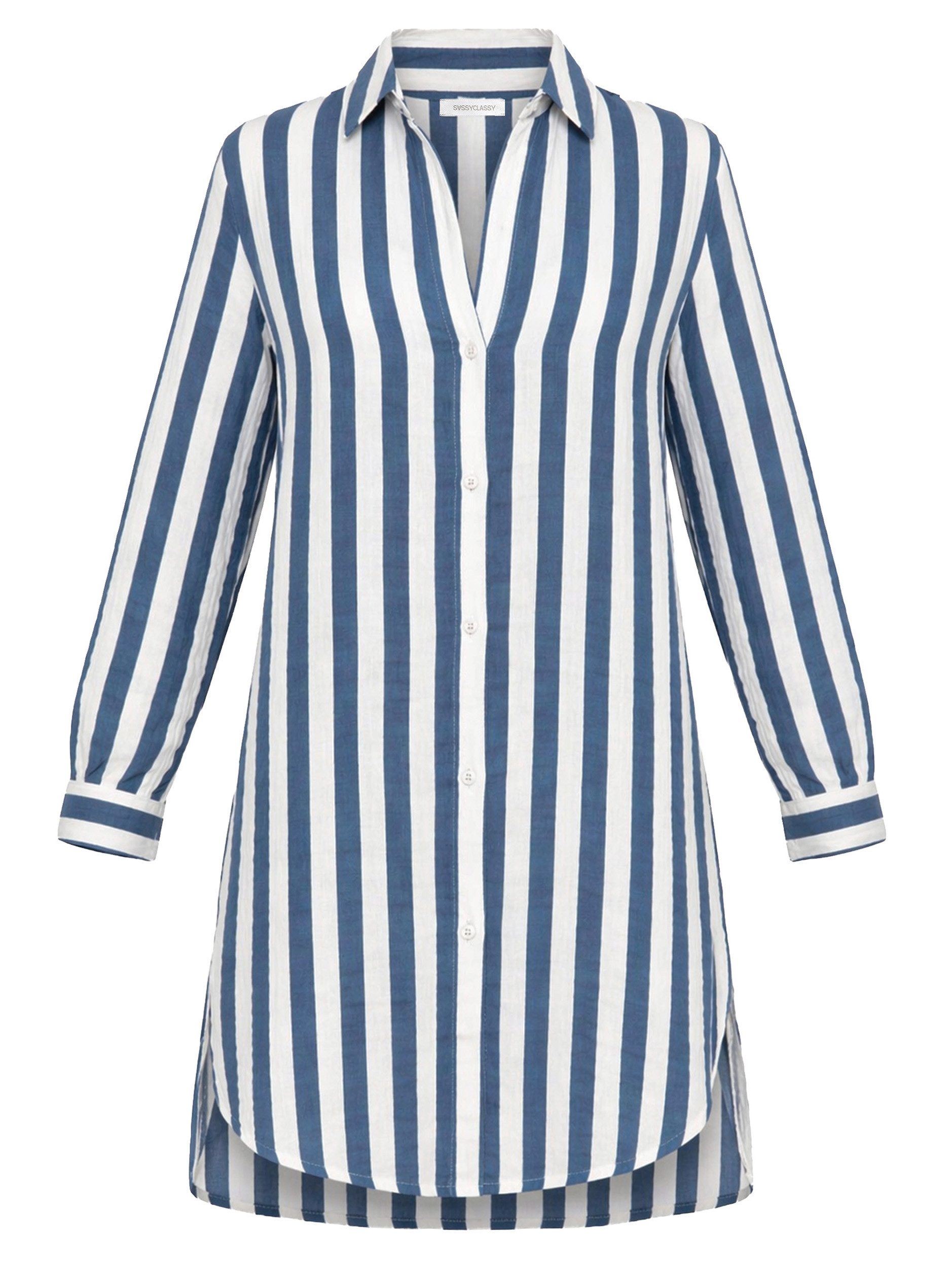 SASSYCLASSY Strandkleid Gestreiftes Strandkleid für Damen Weiches Hemdblusenkleid aus Musselin mit langen Ärmeln Blau Taupe