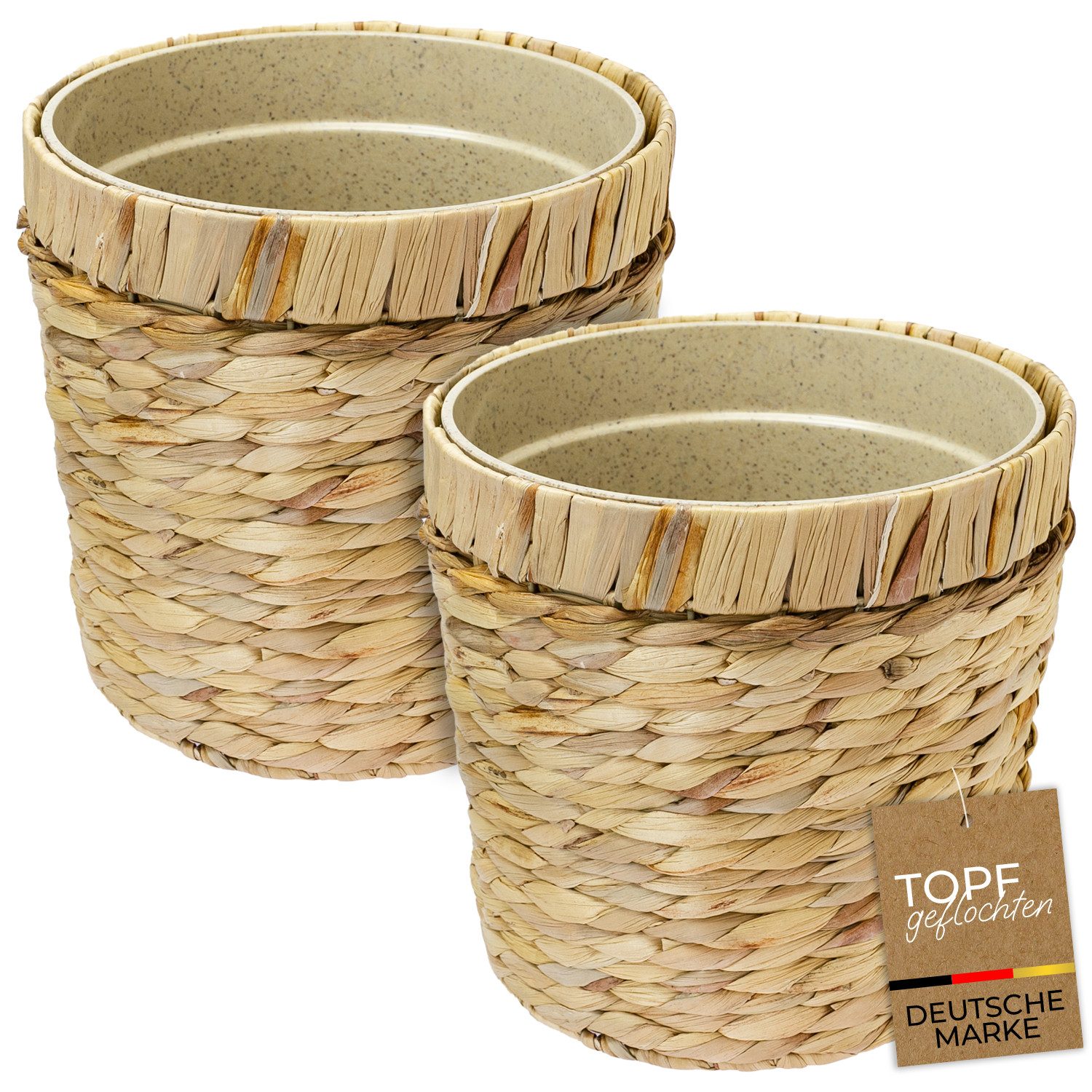 HMF Wasserhyazinthentopf Blumentopf geflochten aus Wasserhyazinthe mit Pflanztopf (Set, 2 St), rund, 25 cm Durchmesser, Naturfarben