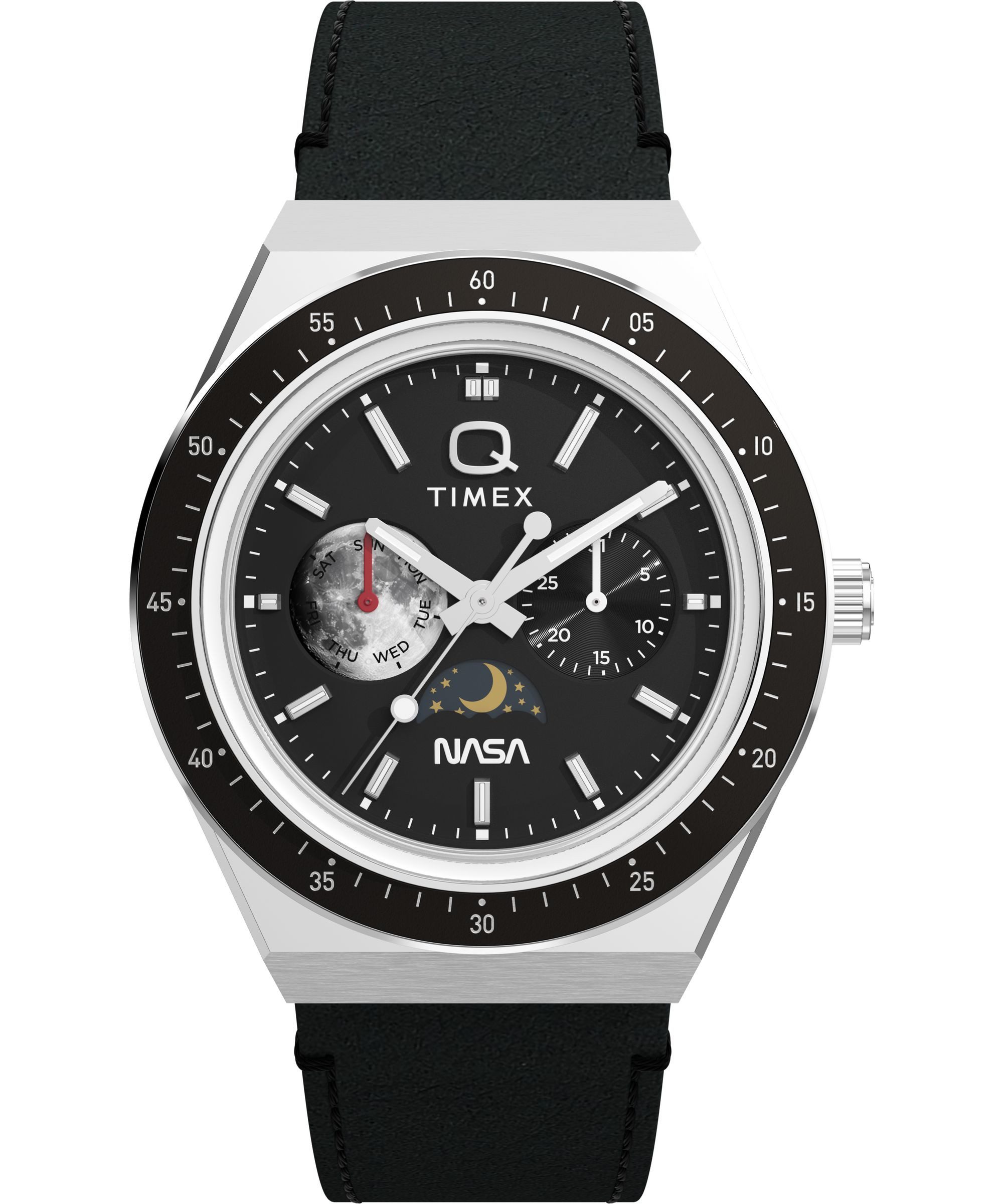 Timex Quarzuhr Q Timex Vintage Inspired NASA TW2Y56800AJ, Armbanduhr, Herrenuhr, Lederarmband, analog, Wochentag, Tag, Mondphase
