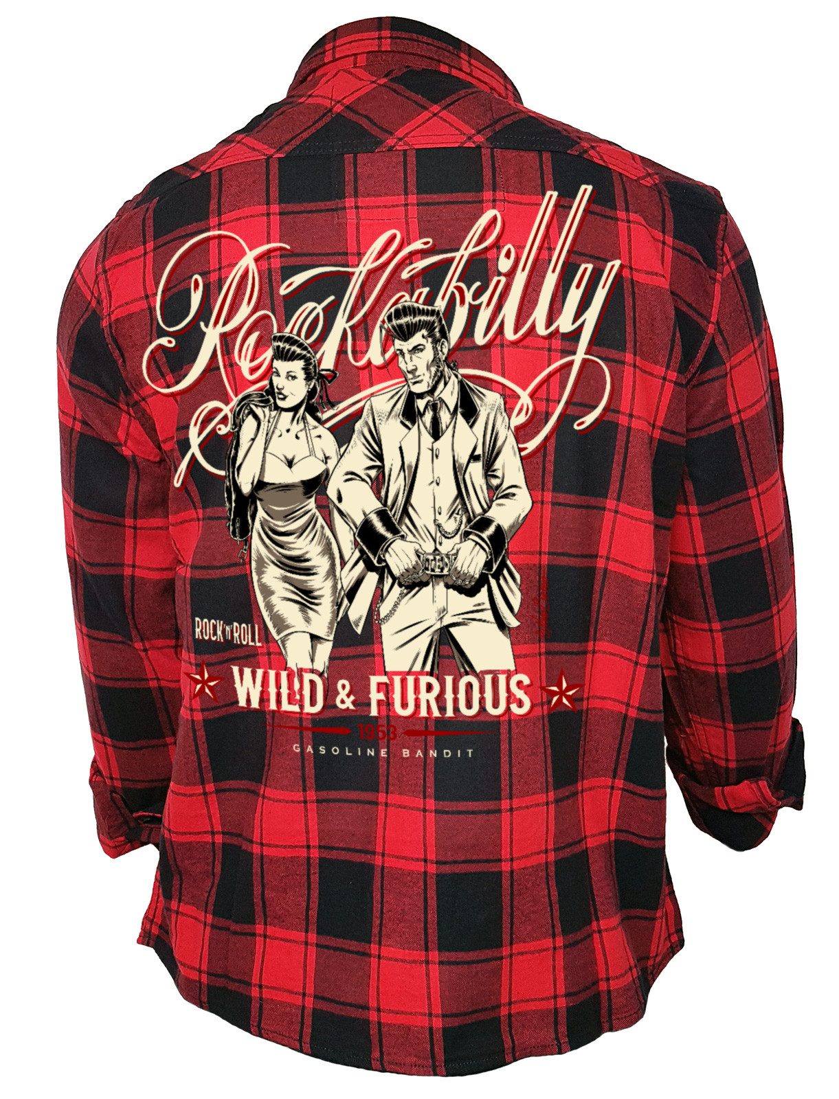 GASOLINE BANDIT® Flanellhemd Herren Worker Rockabilly Hemd schwarz-rot kariert: Wild and Furious