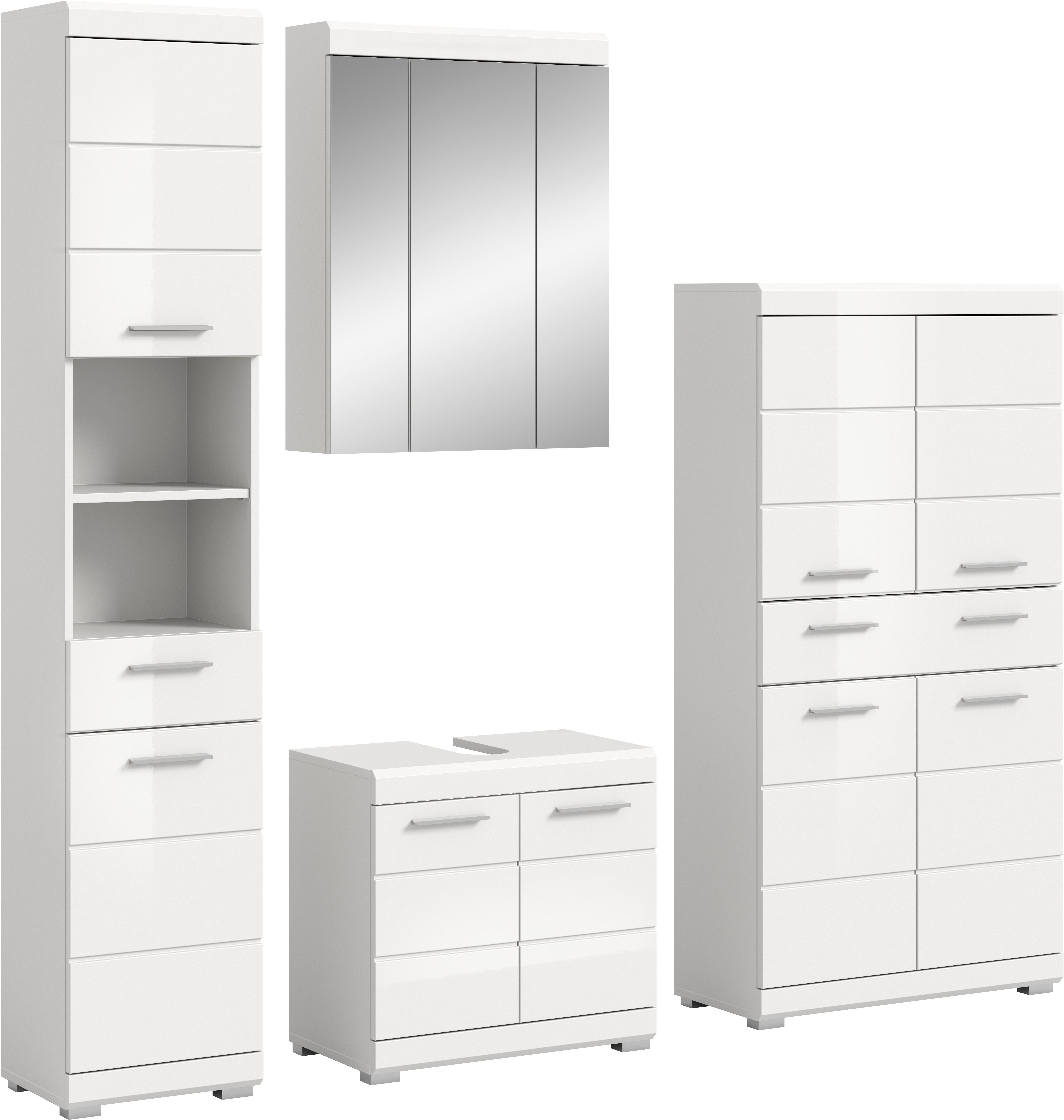 welltime Badmöbel-Set SIENA, 4 teilig, bestehend aus:, (Set, 4-St., TOPSELLER), Hochschrank, Waschbeckenunterschrank, Spiegelschrank, Midischrank