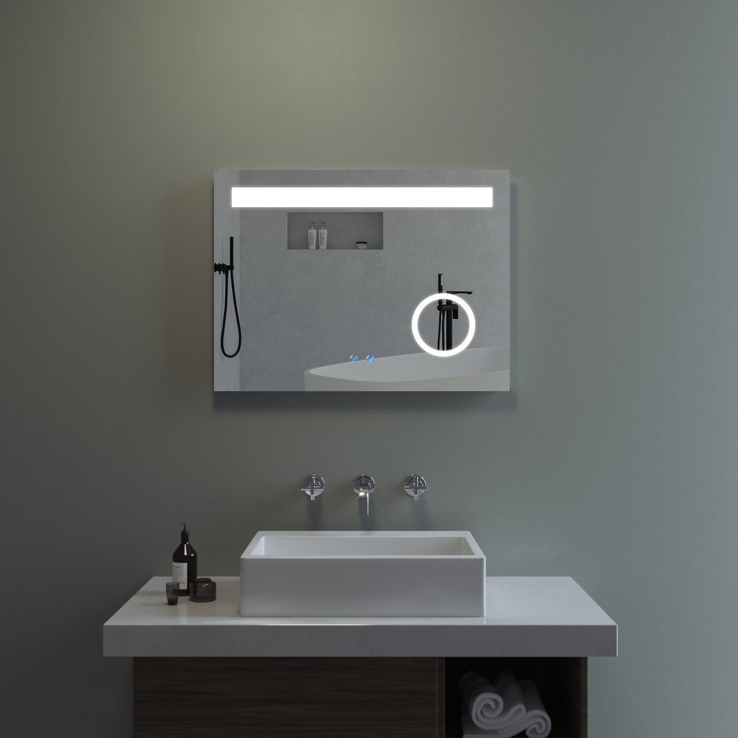 AQUABATOS LED-Lichtspiegel Bad Badspiegel mit Beleuchtung dimmbar Touch IP44 Beschlagfrei (3 Lichtfarben Badezimmerspiegel LED Wandspiegel mit Licht)