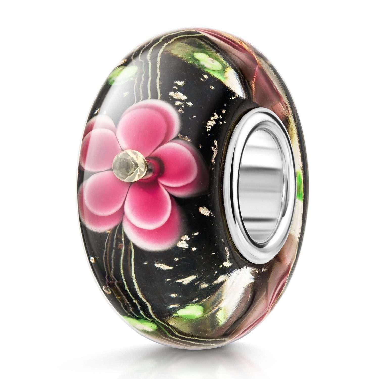 Materia Bead Glasbead Blumen Blüten Schwarz Pink Grün 1062, 925 Sterling Silber