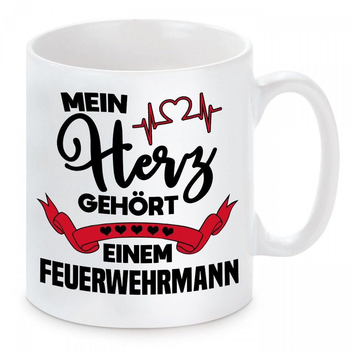 Herzbotschaft Tasse Kaffeebecher mit Motiv Mein Herz gehört einem Feuerwehrmann, Keramik, Kaffeetasse spülmaschinenfest und mikrowellengeeignet