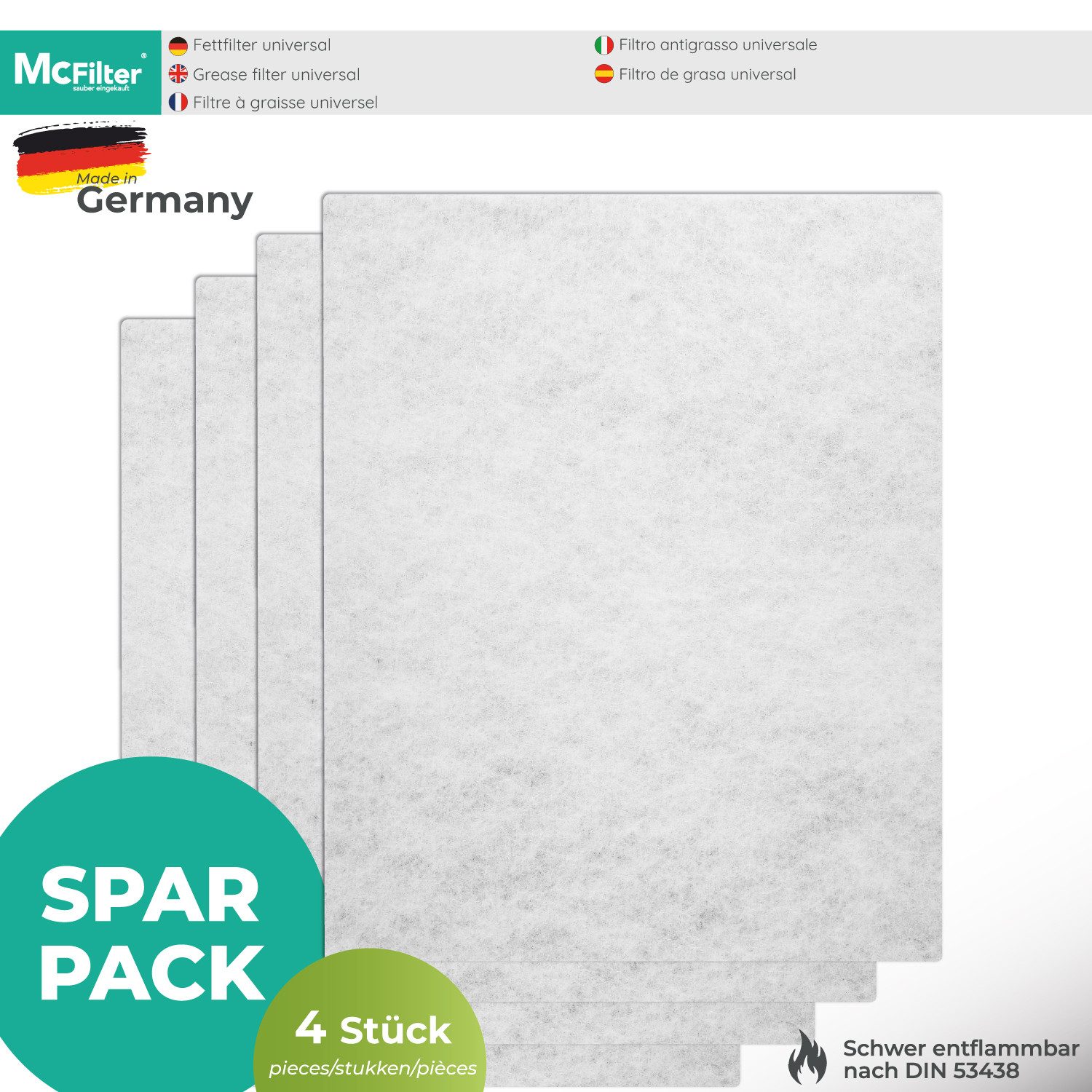 McFilter Fettfilter (4 Stück) Universal Dunstfilter Filter 57 x 47cm, Zubehör für alle handelsüblichen Dunstabzugshauben, extra speicherfähig, zuschneidbar, Schwer entflammbar nach DIN 53438