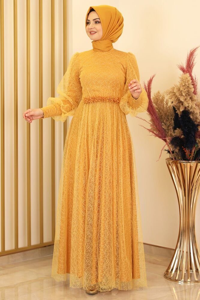 Modavitrini Abendkleid silbriges Tüllkleid Abiye Abaya Hijab Kleid langärmliges Maxikleid Gelb