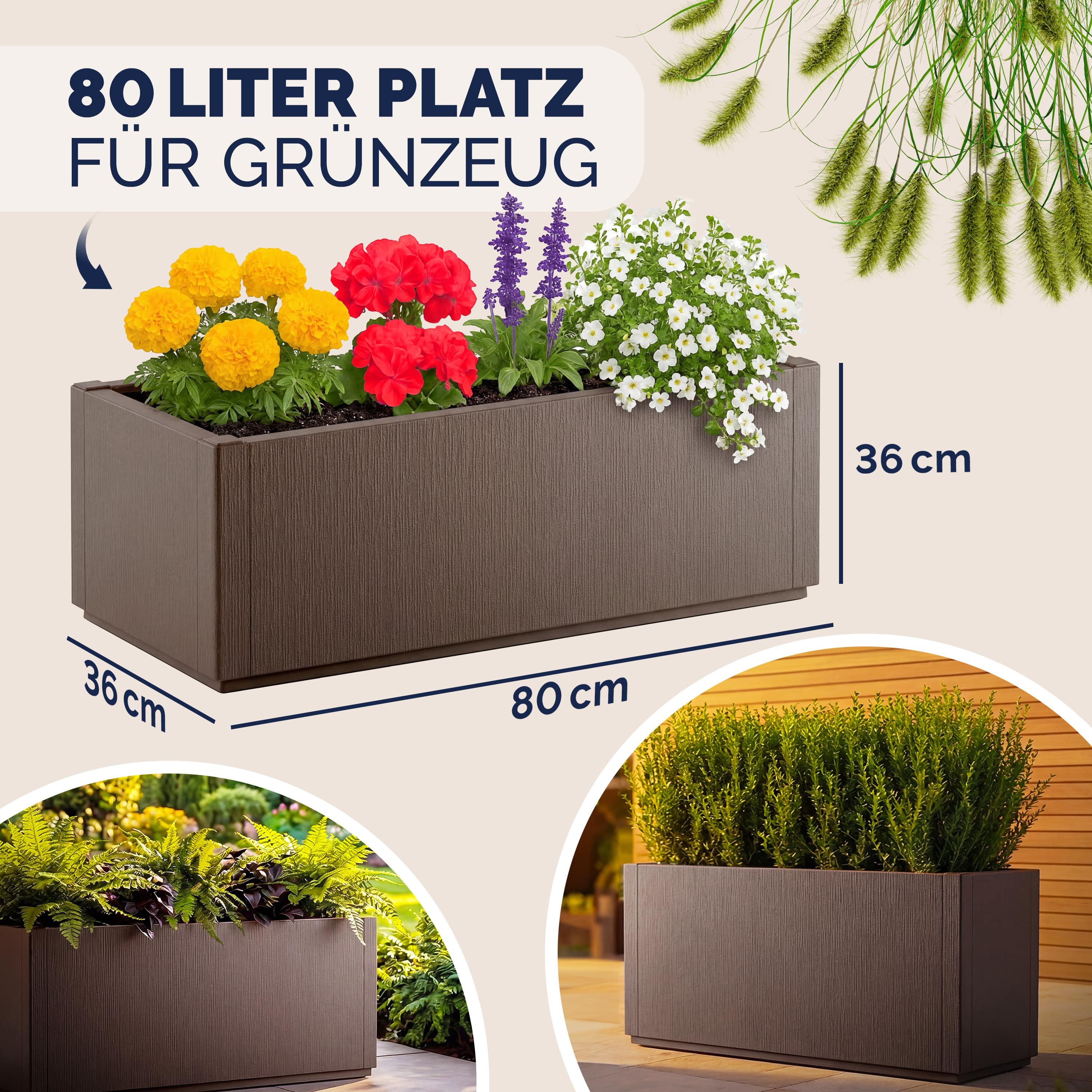 Casaria Blumenkasten Ethica, 80L 80x36x35cm Groß Pflanzkübel für Draussen Winterfest Übertopf Braun