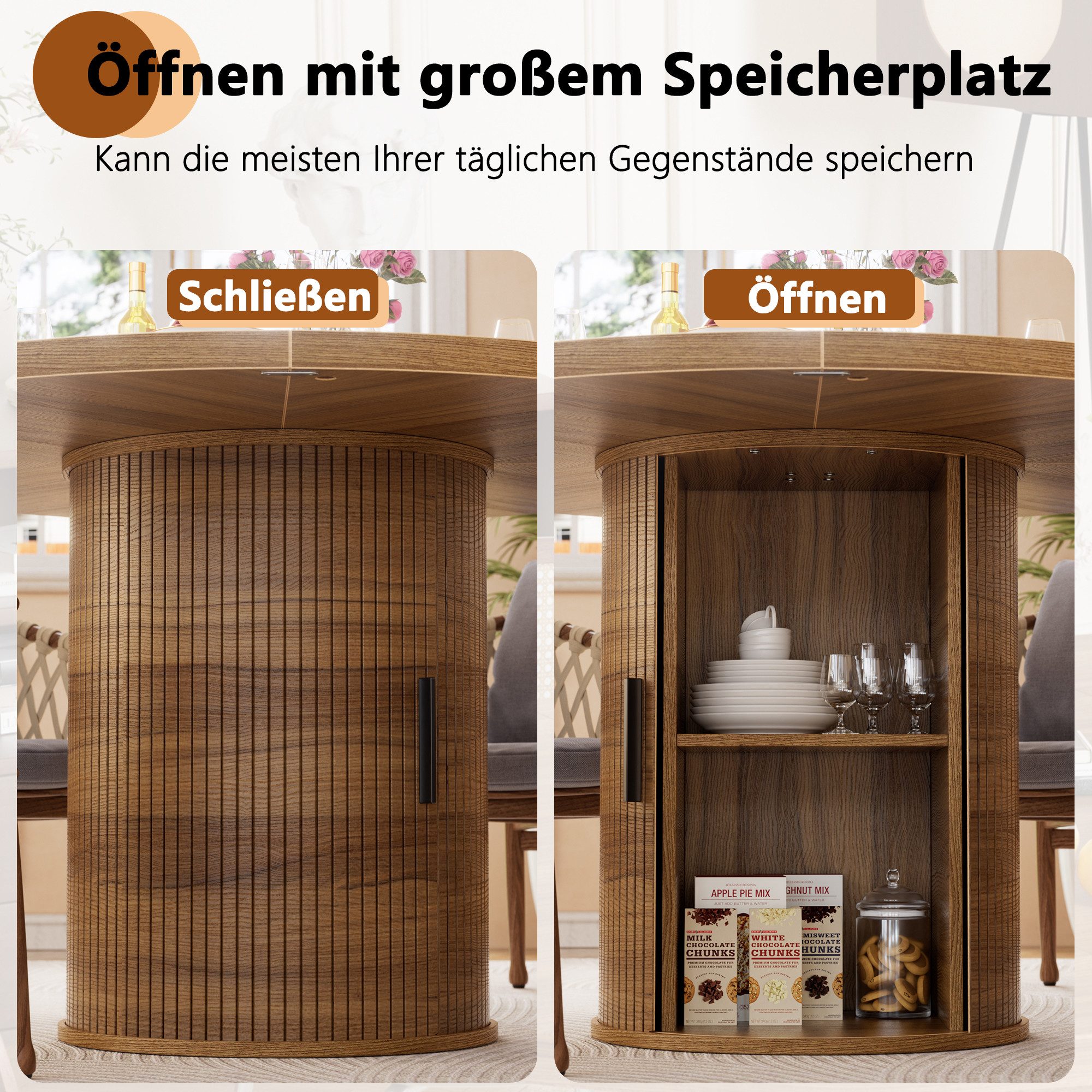 TWSOUL Esstisch Runder mit Schiebetüren und Stauraum, Rillenstruktur, für 4 Personen, 100CM, Bis 150kg, Stabil Esszimmertisch Holz für Esszimmer Wohnzimmer