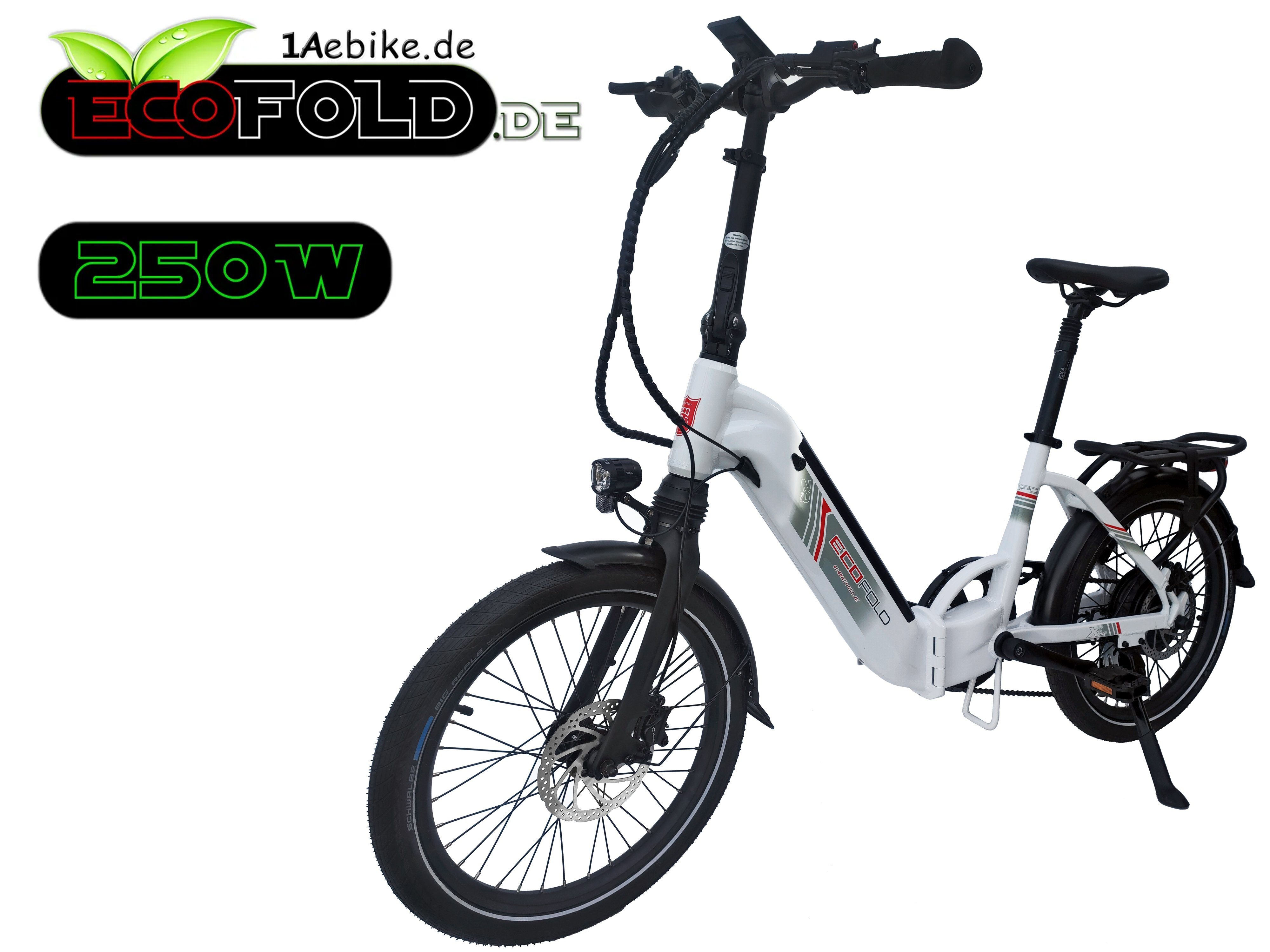 Ecofold E-Bike Faltrad 20 Zoll ECOFOLD BFH400N E-Bike Bafang Heckmotor 250W weiss, 7 Gang Shimano Shimano 7-Gang Trigger Kettenschaltung Schaltwerk, Kettenschaltung, Heckmotor, 504,00 Wh
