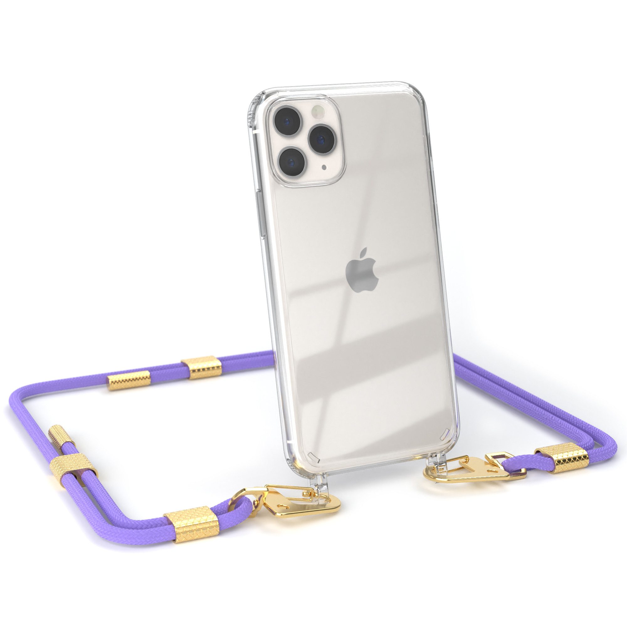 EAZY CASE Handykette Silikonhülle mit Kette für Apple iPhone 11 Pro 5,8 Zoll, Smartphonekette Cover Silikonhülle Umhängetasche Flieder Lila Gold