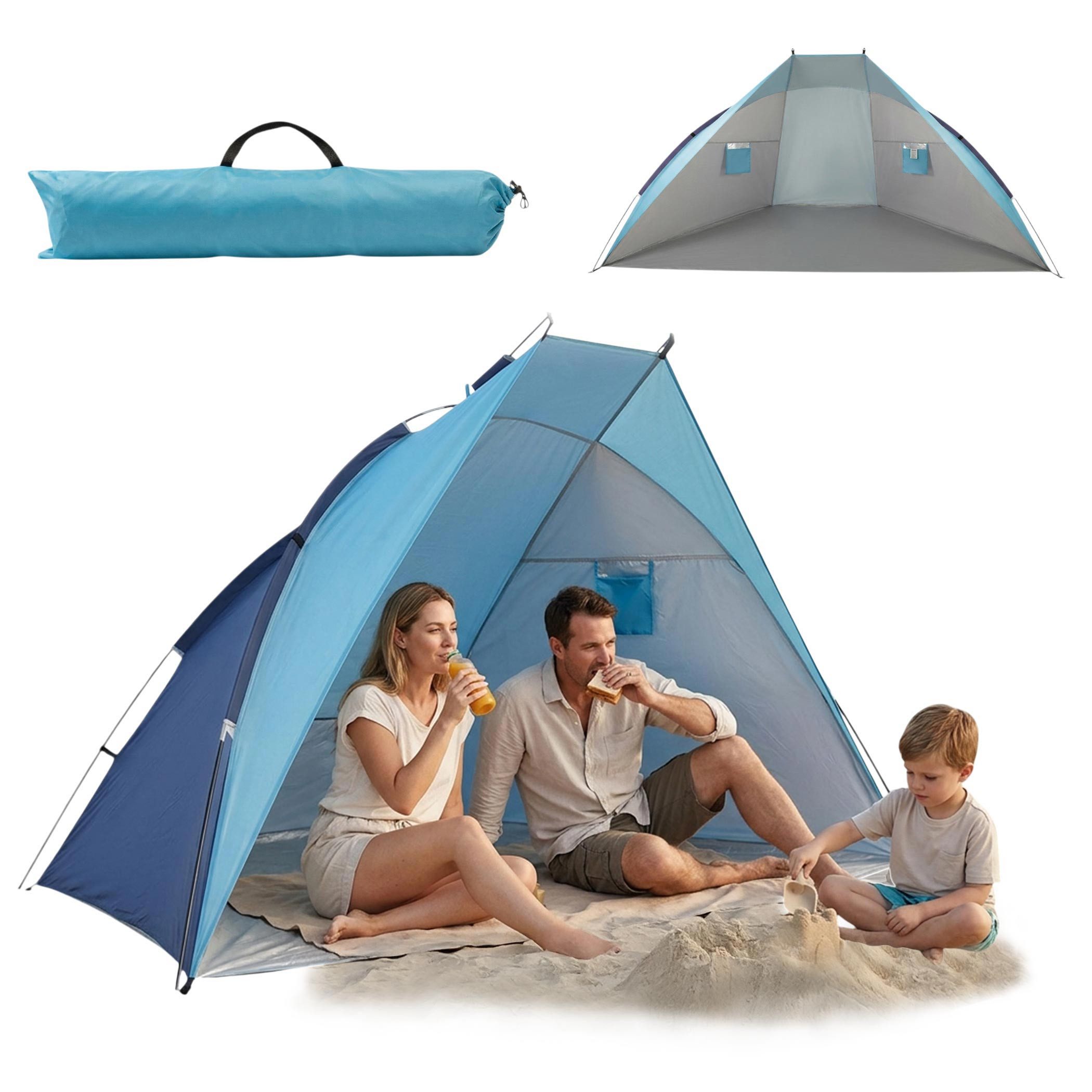 Spetebo Strandmuschel Pop Up Strandzelt blau mit Tragetasche und Heringen - 270 x 120 cm, (Anzahl, 1 tlg., Stück), UV 50+ Sonnenschutz
