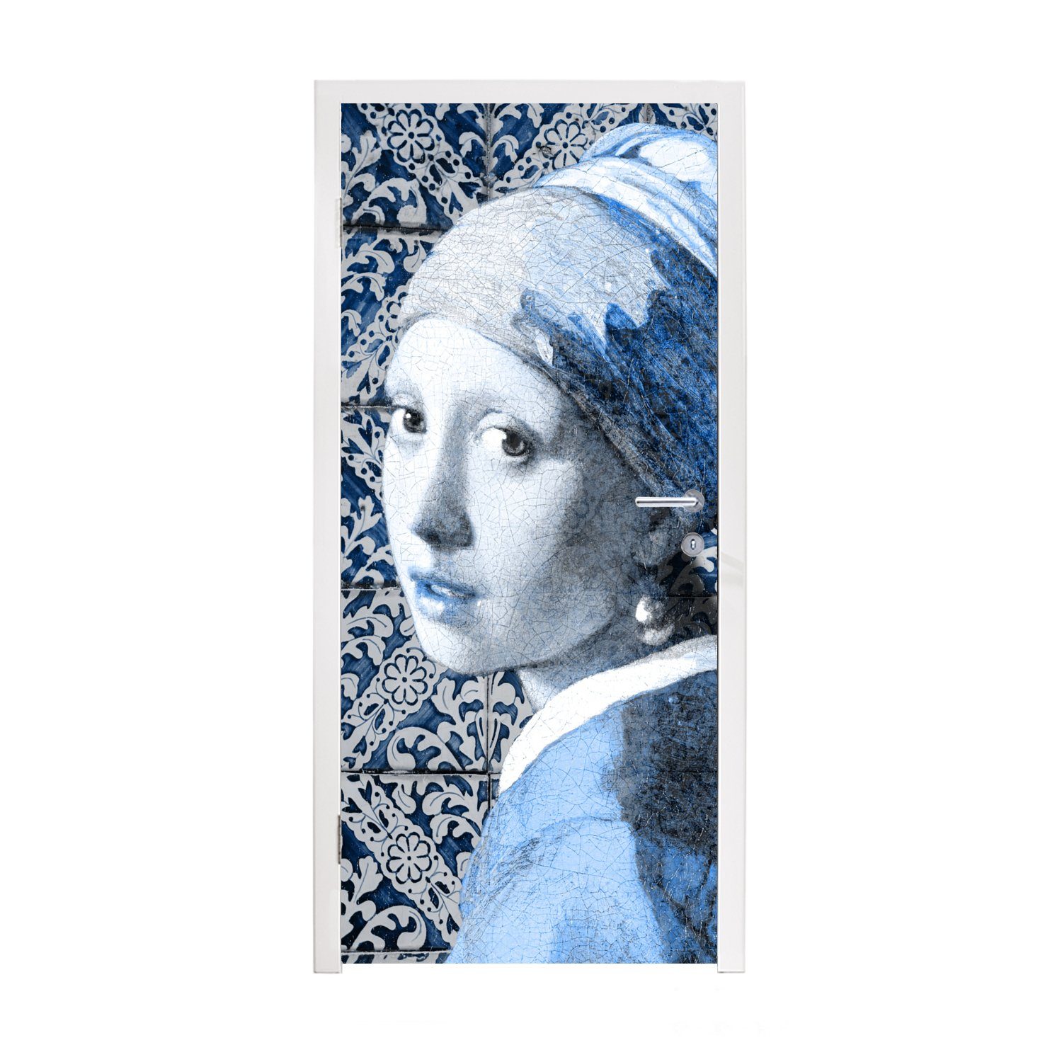 MuchoWow Türtapete Mädchen mit Perlenohrring - Vermeer - Delfter Blau, Matt, bedruckt, (1 St), Fototapete für Tür, Türaufkleber, 75x205 cm