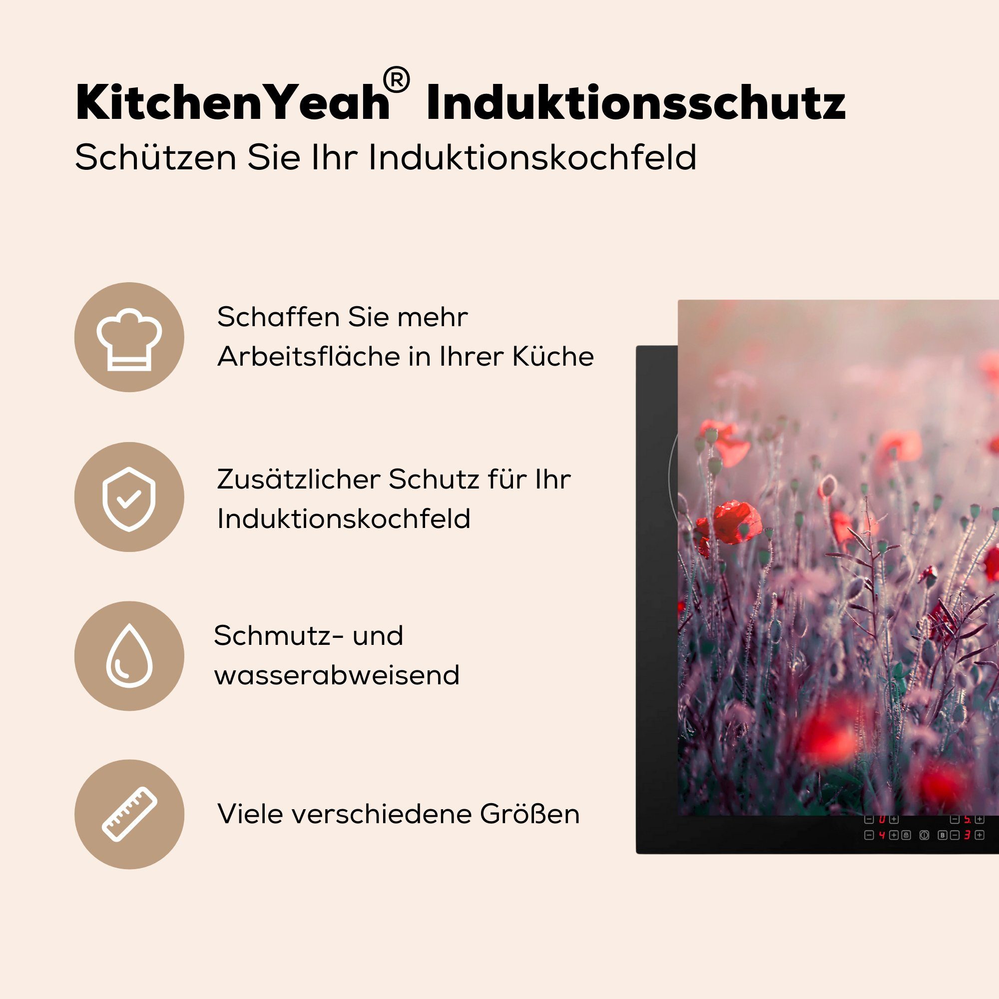 MuchoWow Herdblende-/Abdeckplatte Rote Mohnblumen für küche, im cm, (1 Ceranfeldabdeckung Vinyl, die tlg), Schutz 81x52 Feld, Induktionskochfeld