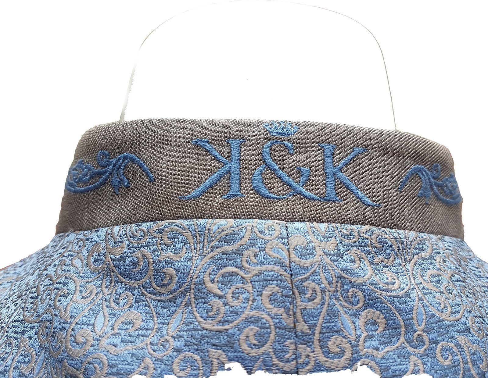 verfügbar blau meliert K&K gemusteter Kaiserjäger Stehkragen, Leinenoptik, mit Trachtenweste Trachtenweste in in Größen großen auch Rücken beige