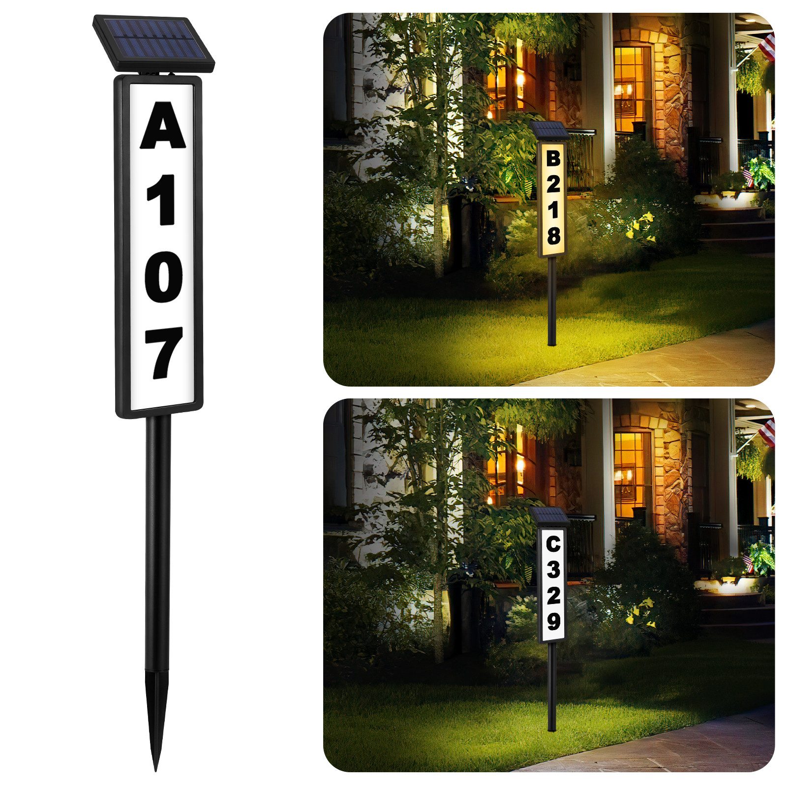 BlingBin Hausnummer Adressschild, Solar-Hausnummern für den Außenbereich, Modernes Schild, (1er Set, 1 St., 11.3*100 cm), Wasserdicht, Solartürlicht mit Pfählen für Hof, Auffahrt, Straße