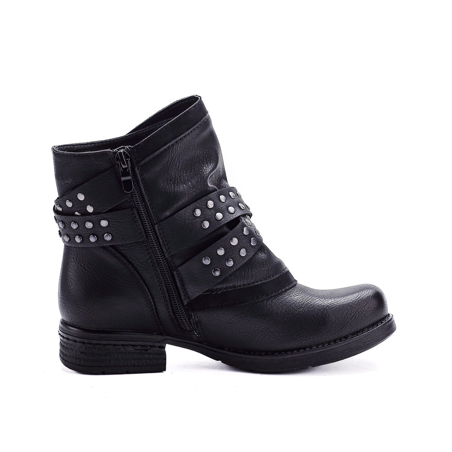 Pogolino ST012 Bikerboots Damen Biker Boots mit Nieten flach leicht gefüttert Stiefeletten