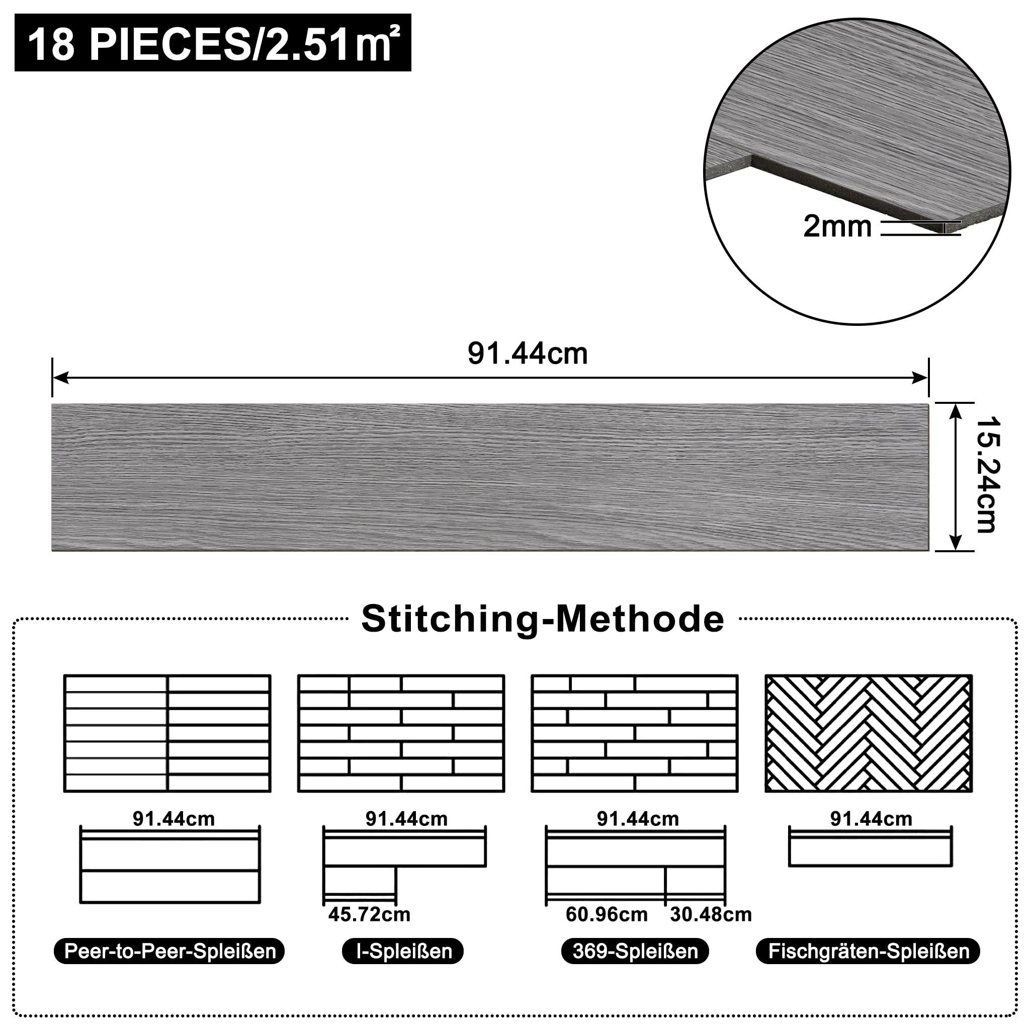FIVMEN Vinylboden PVC Bodenbelag Selbstklebend, Holzmaserung Dielen, Bodenfliesen, 18/36 Stück, 2.51/5.2 m² Schneidbar Fliesen für Schlafzimmer, Küche