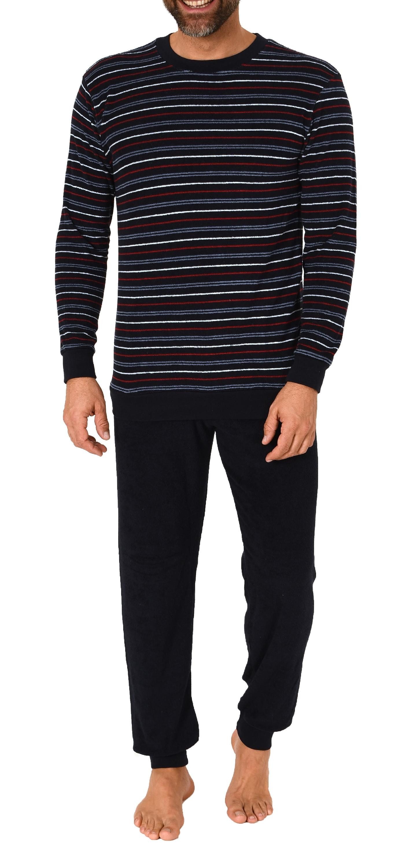 Pyjama Herren Frottee Schlafanzug lang, Pyjama mit feinem Ringel-Muster
