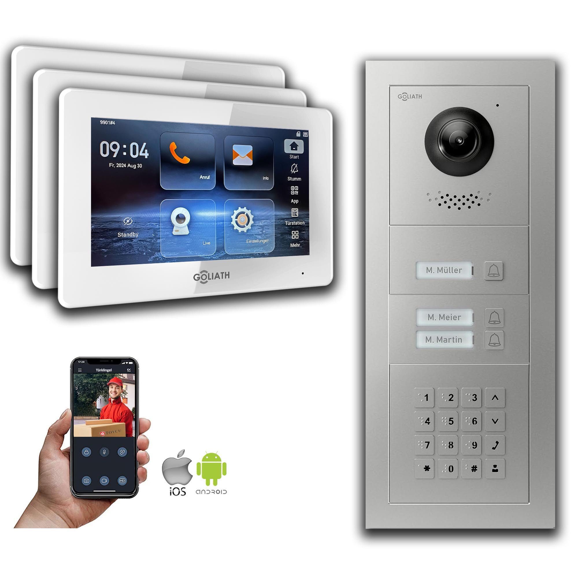 Goliath Intercom Video-Türsprechanlage Goliath IP Video Türsprechanlage: 7-Zoll 3 Familienhaus, Zahlencode, S (Privat oder Gewerblich)