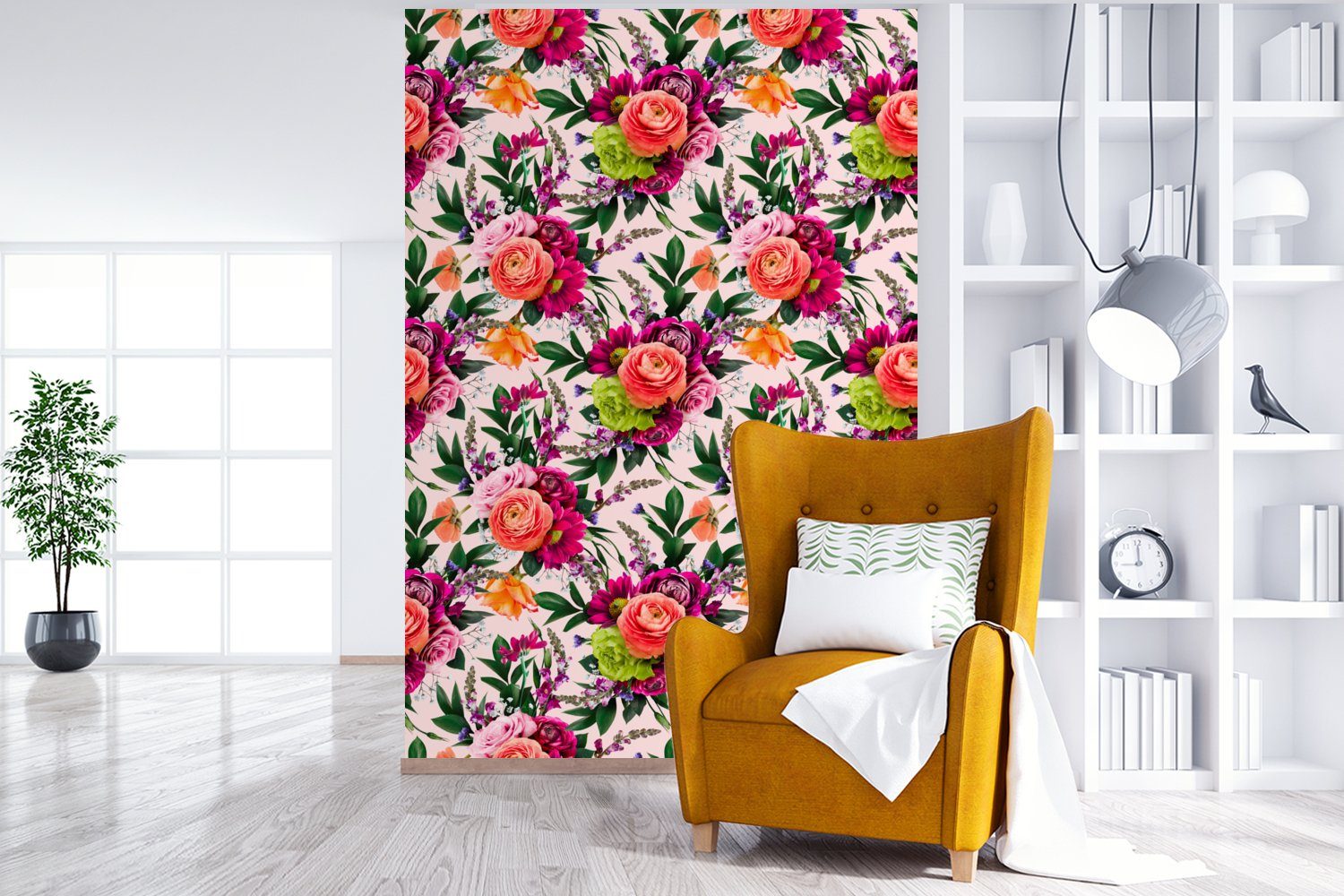Vinyl Montagefertig Wohnzimmer, Farben Tapete - Blumen für bedruckt, - MuchoWow Fototapete Muster, Matt, (3 St), Wandtapete
