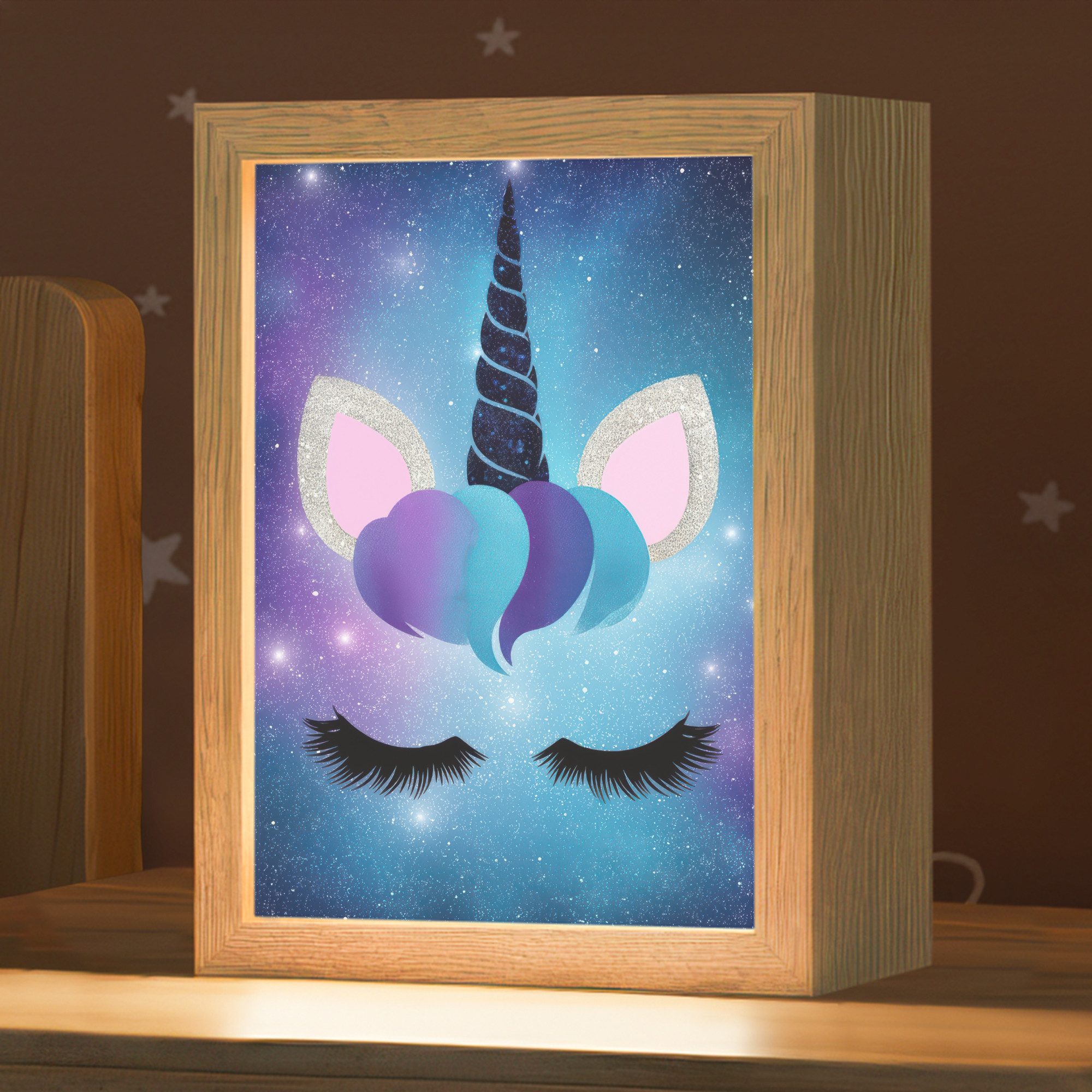 OnlyWow Nachttischlampe Lightbox Einhorn - Sterne - Blau - Mädchen, Dimmbar, Farbwechsel, LED, Warmweiß, Kaltweiß, Neutralweiß Einstellbar, Kinderzimmer, Babyzimmer, Dimmbar, mit Kabel, Nachtlampe, LED