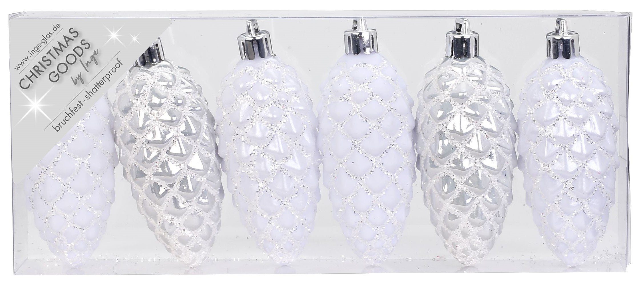 MAGIC by Inge Christbaumschmuck, Christbaumschmuck Kunststoff Zapfen 9cm 6er Set - Weiß