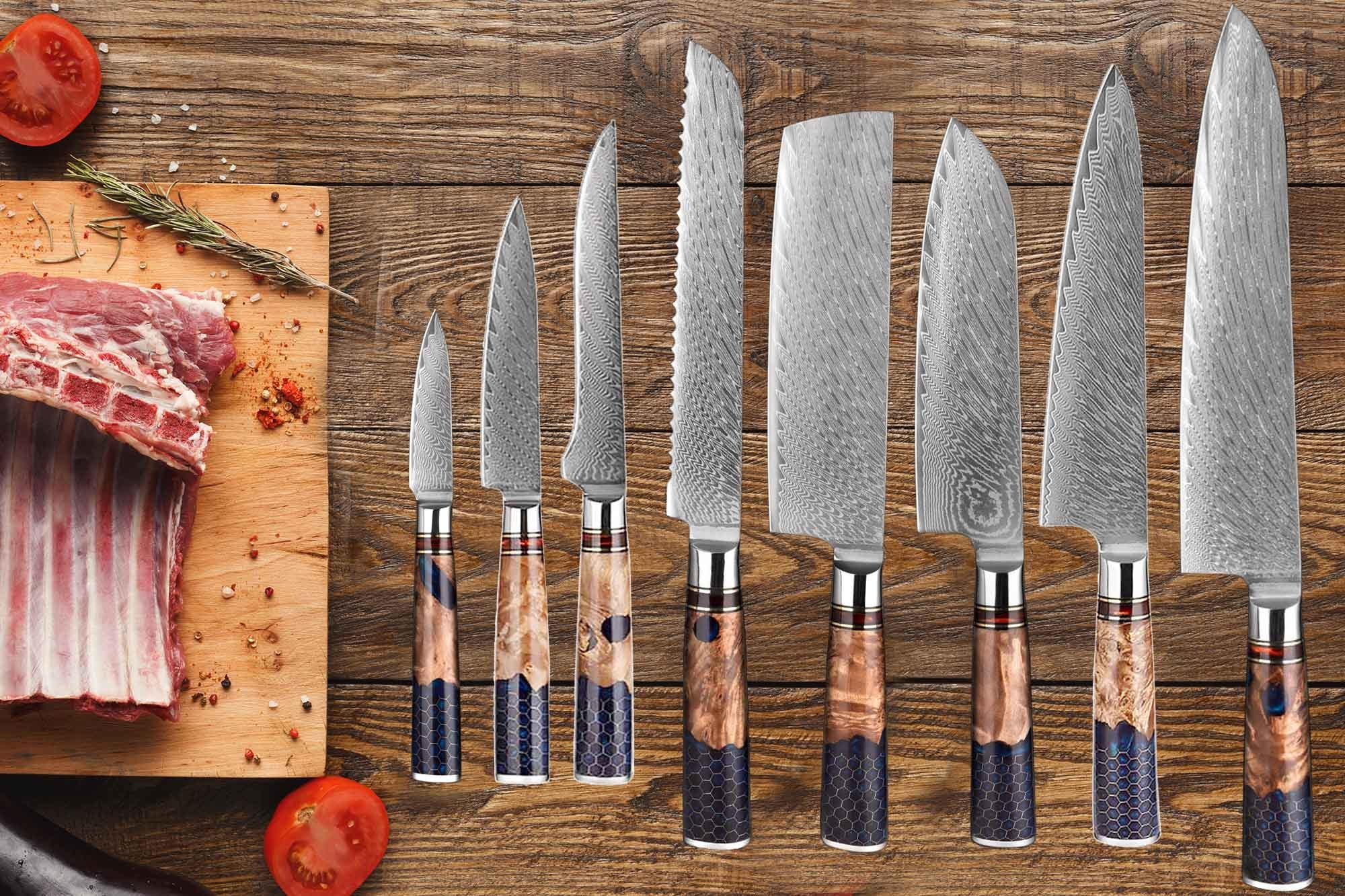 Muxel Allzweckmesser Damast Küchenmesser Set 8-tlg Extrem scharfe extrem  schöne Kochmesser, Jedes Messer ist ein Unikat