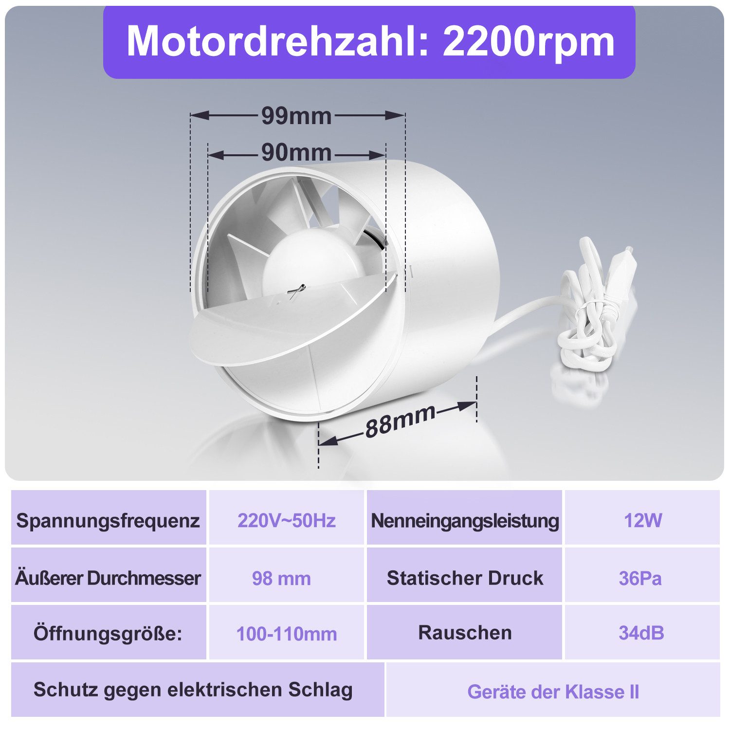 Clanmacy Wandventilator Rohrventilator Ø100mm Inline-Abluftventilator Rohrlüfter Leise 12W