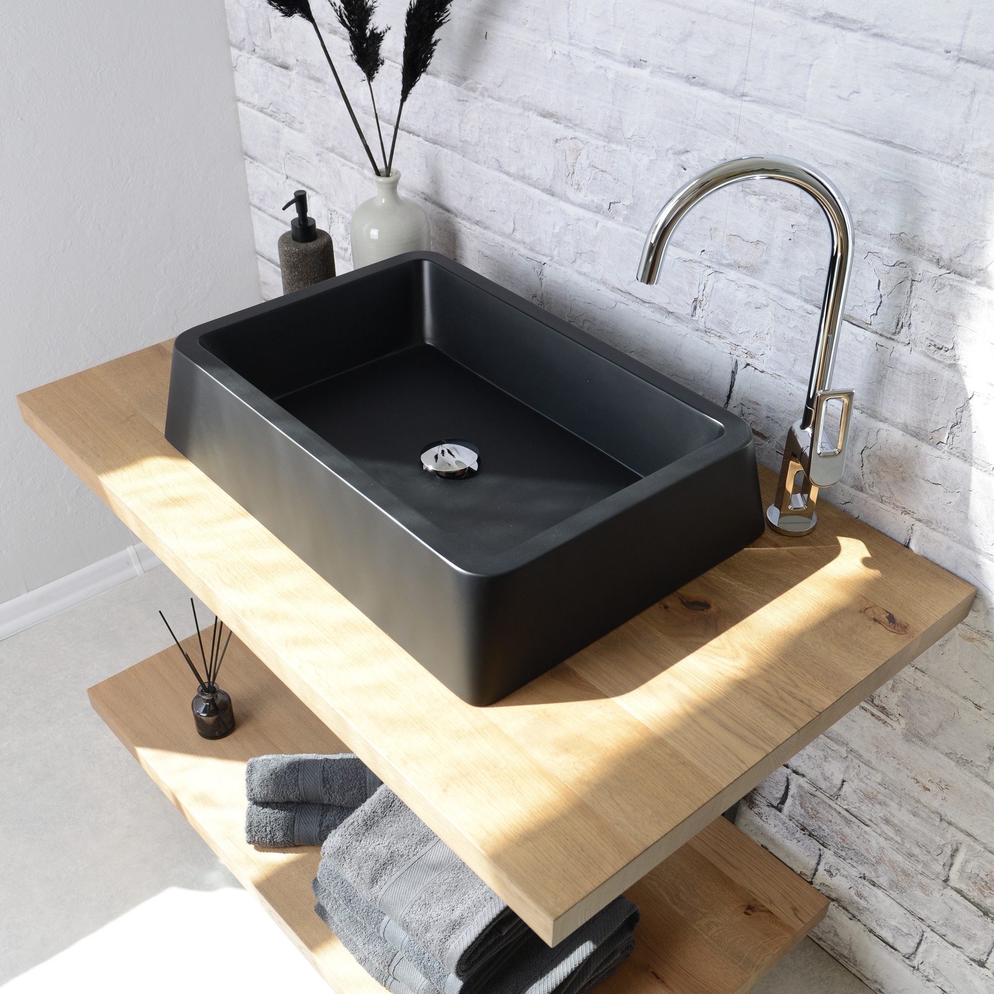 wohnfreuden Aufsatzwaschbecken Terrazzo Waschbecken ZOID 60 cm schwarz (Kein Set), 55_125914