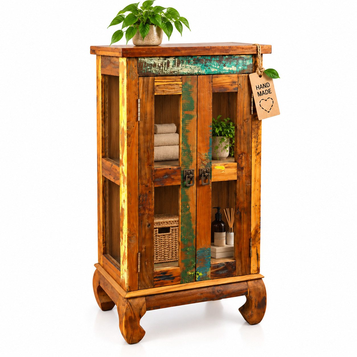 livasia Standvitrine Teakholz aus Java - 50x30x90cm - recyceltes buntes Bootsholz handgefertigt