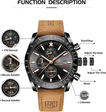 BENYAR Fur Herren Analog Quarz Chronograph 30M Wasserdicht Leuchtende Datum Watch, Lässig Business Designer Klassische Elegantes Geschenk Designer