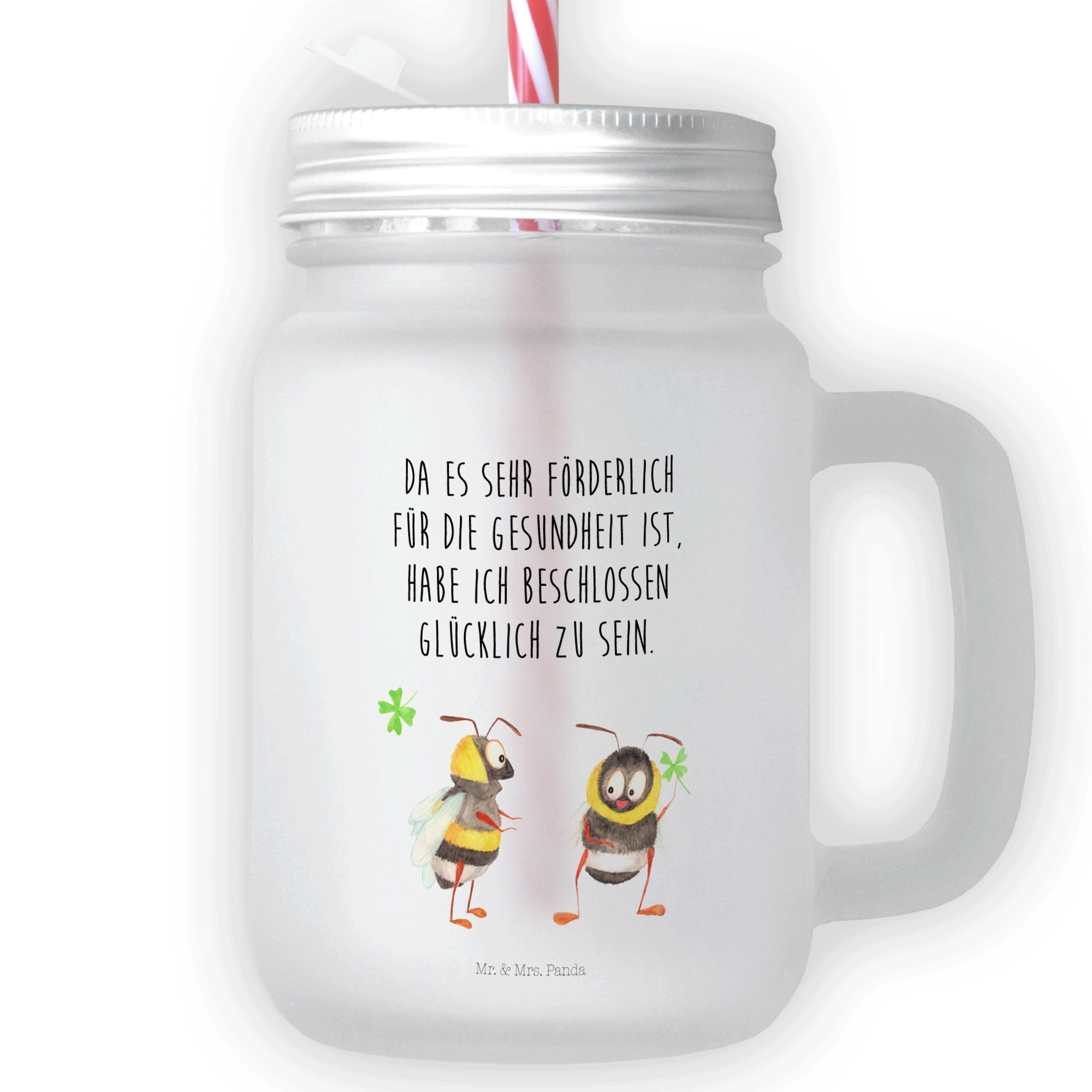 Mr. & Mrs. Panda Cocktailglas Hummeln Kleeblatt, Cocktailglas, Transparent, Biene, glücklich sein, Premium Glas, Becher mit Deckel Partyglas glücklich sein