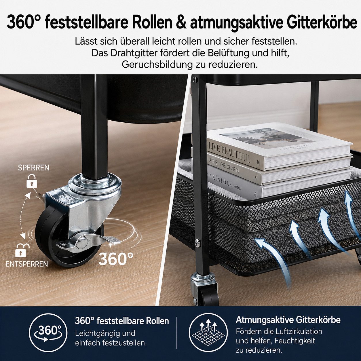 BlingBin Rollwagen 3 Ebenen Aufbewahrungswagen, Servierwagen mit Schubladen & Holzplatte, (1er Set, 1 St., 1 tlg), Küchenwagen mit Haken und Hängekorb, für Wohn – Bild 5 von 5