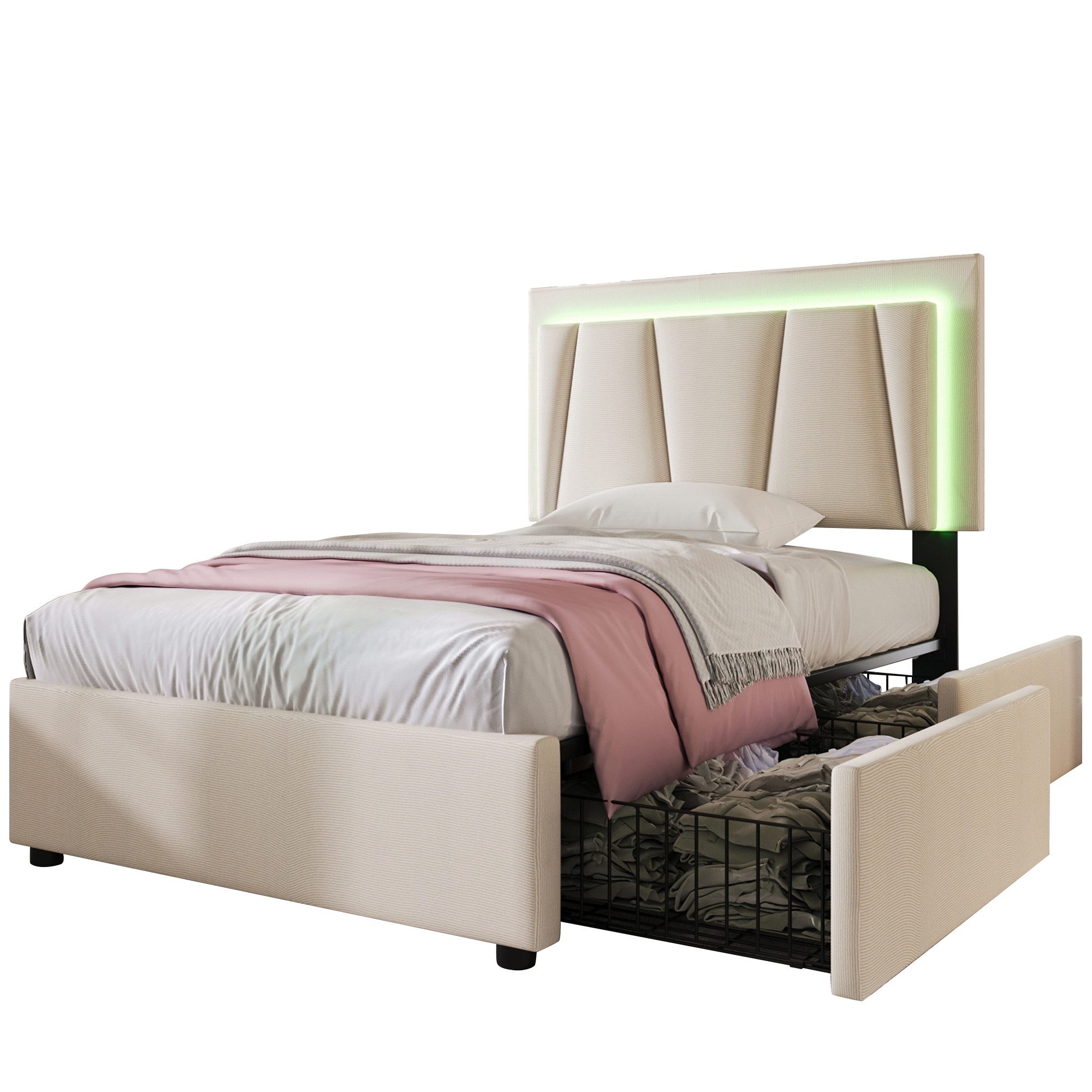 Flieks Polsterbett, LED-Beleuchtung Einzelbett 90x200cm mit 2 Schubladen günstig online kaufen