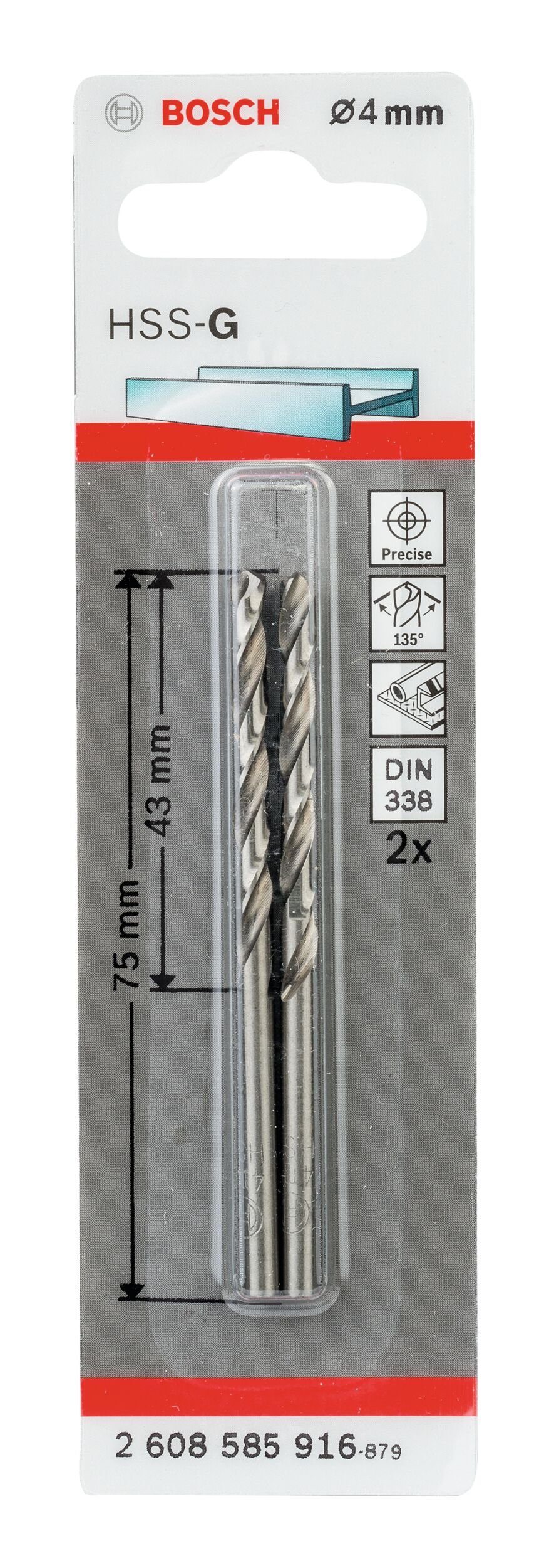 BOSCH Metallbohrer, (2 Stück), HSS-G mm 43 x x - 2er-Pack 4 - (DIN 75 338)