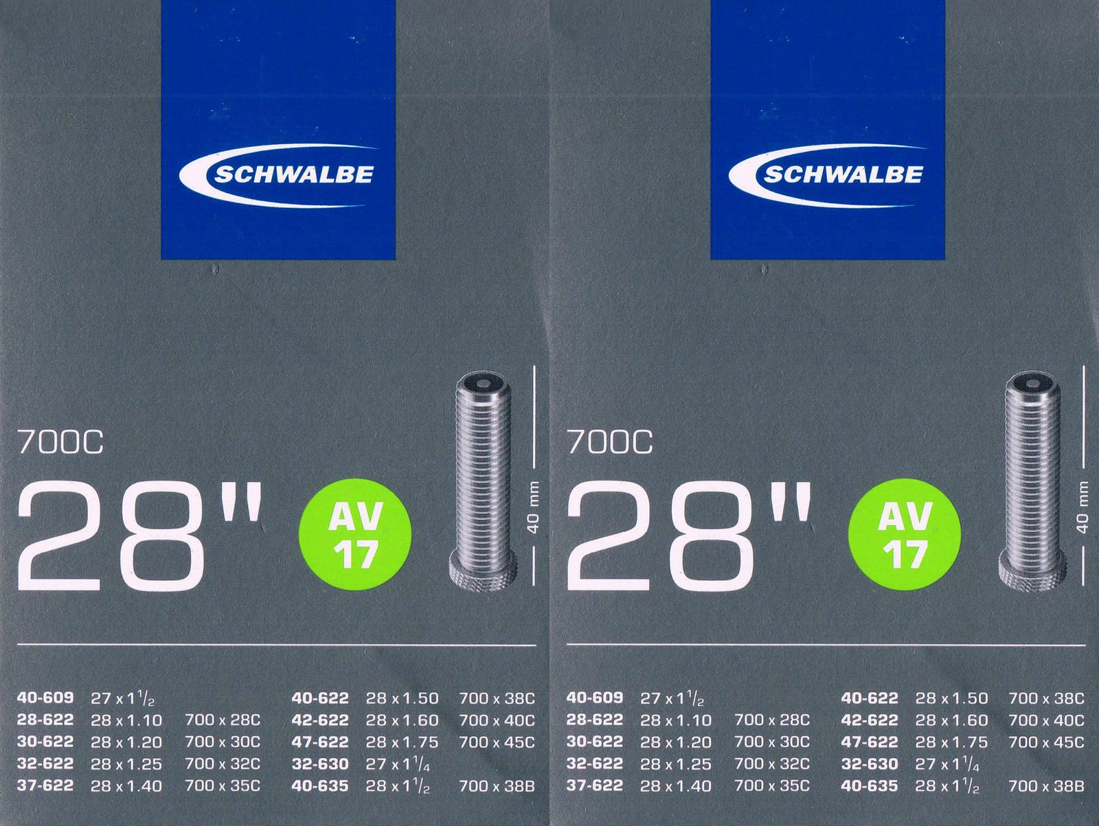 Schwalbe Fahrradschlauch 2x Schwalbe AV 17 Schlauch 28 Zoll Autoventil, (2-St)