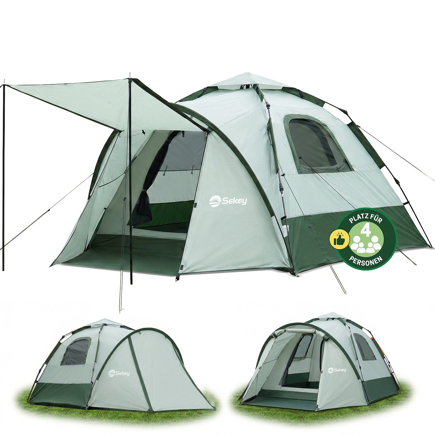 Sekey Kuppelzelt 3 in 1 Pop Up Campingzelt 4 Personen mit Vorzelt und Markise, Personen: 4, Pop up Kuppelzelte, Wasserdicht PU3000+ & UPF50+ Sonnenschutz