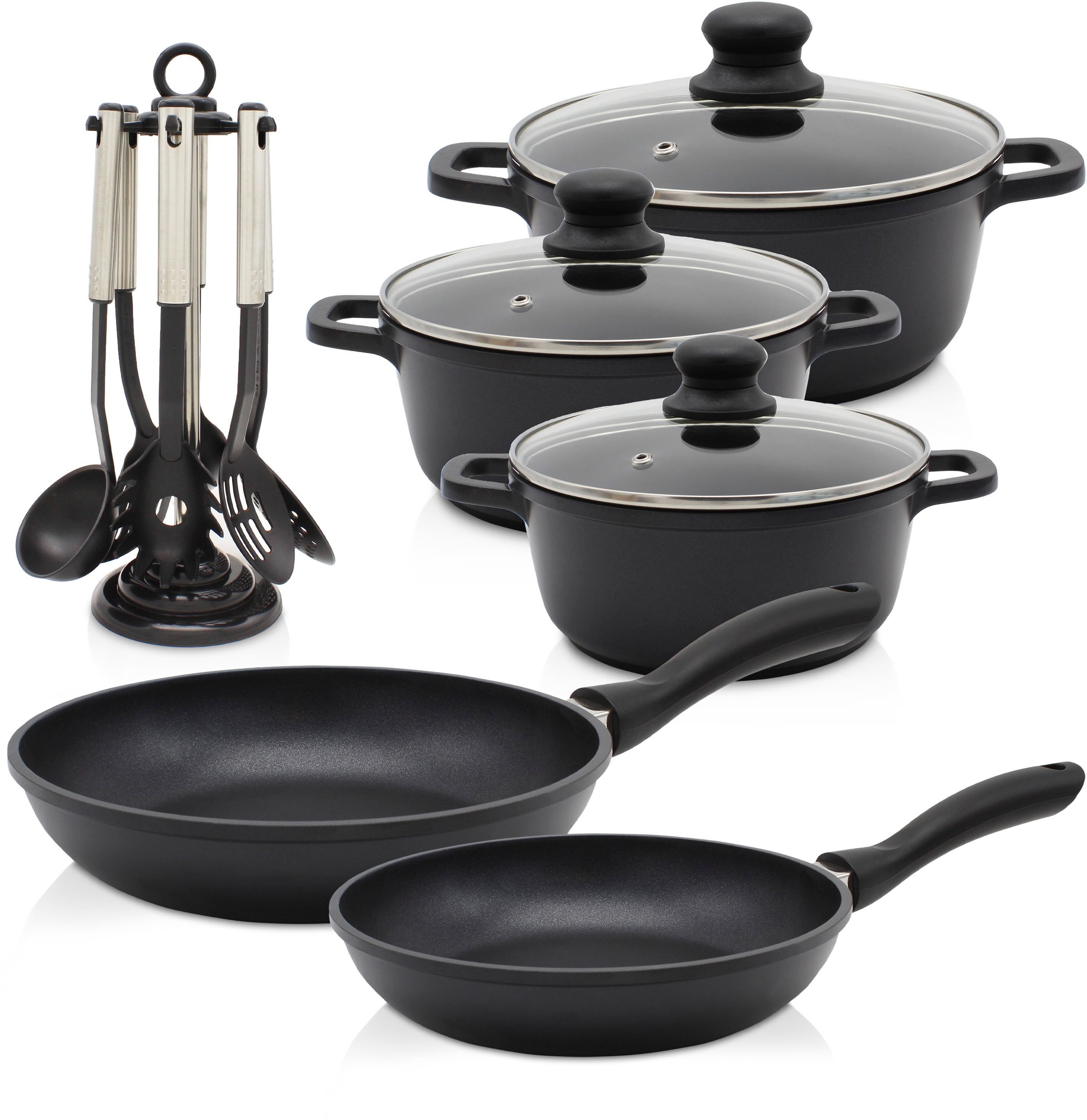 Krüger Topf-Set Aluguss Topf-/ Pfannenset LEIPZIG inkl. Küchenhelfern, 15 tlg., Aluminiumguss (Set, 15-tlg., Fleischtopf 16+20+24 cm, Pfanne flach 20+28 cm, 7 tlg. Küchenhelferset), inkl. 7-tlg. Küchenhelfer-Set