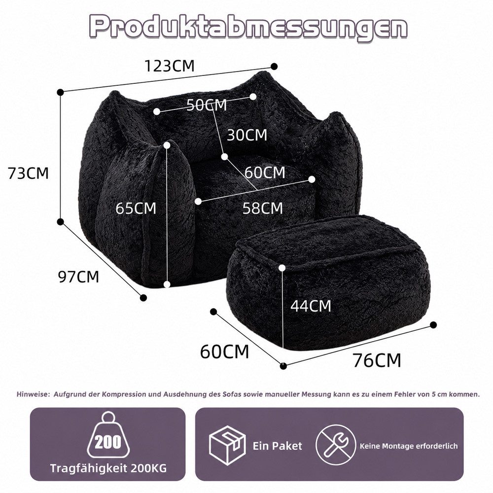 Leawin Relaxliege Sofas Wohnzimmer Loungesessel mit Hocker aus Kunstfell, Weicher Bean Bag Sessel mit Fußhocker und Schaumstofffüllung