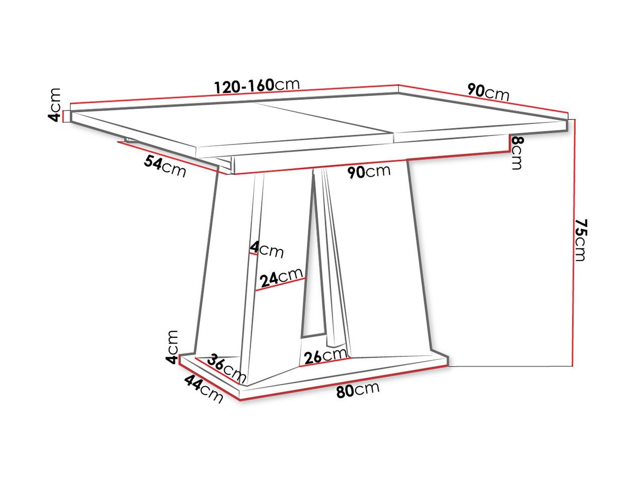 / Weiß Synchronführung 120/160x90x75 cm, Esstisch Mufo, mit MIRJAN24 Tischauszug Beton Hochglanz