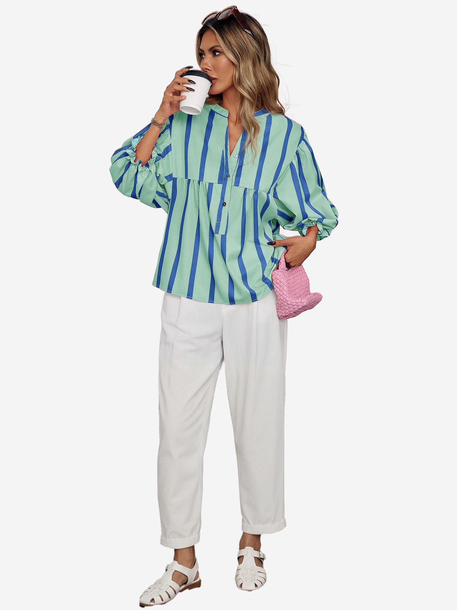 Imily Bela Blusentop Damen Puffärmel Bluse gestreift (Packung, 1-tlg., 1per-Pack) kontrastfarben