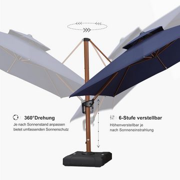 PURPLE LEAF Sonnenschirm Ampelschirm aus Aluminium-Holzimitat mit Kurbel,360° drehbar, Doppeldach Gartenschirm mit, Aluminiumholzmaserung