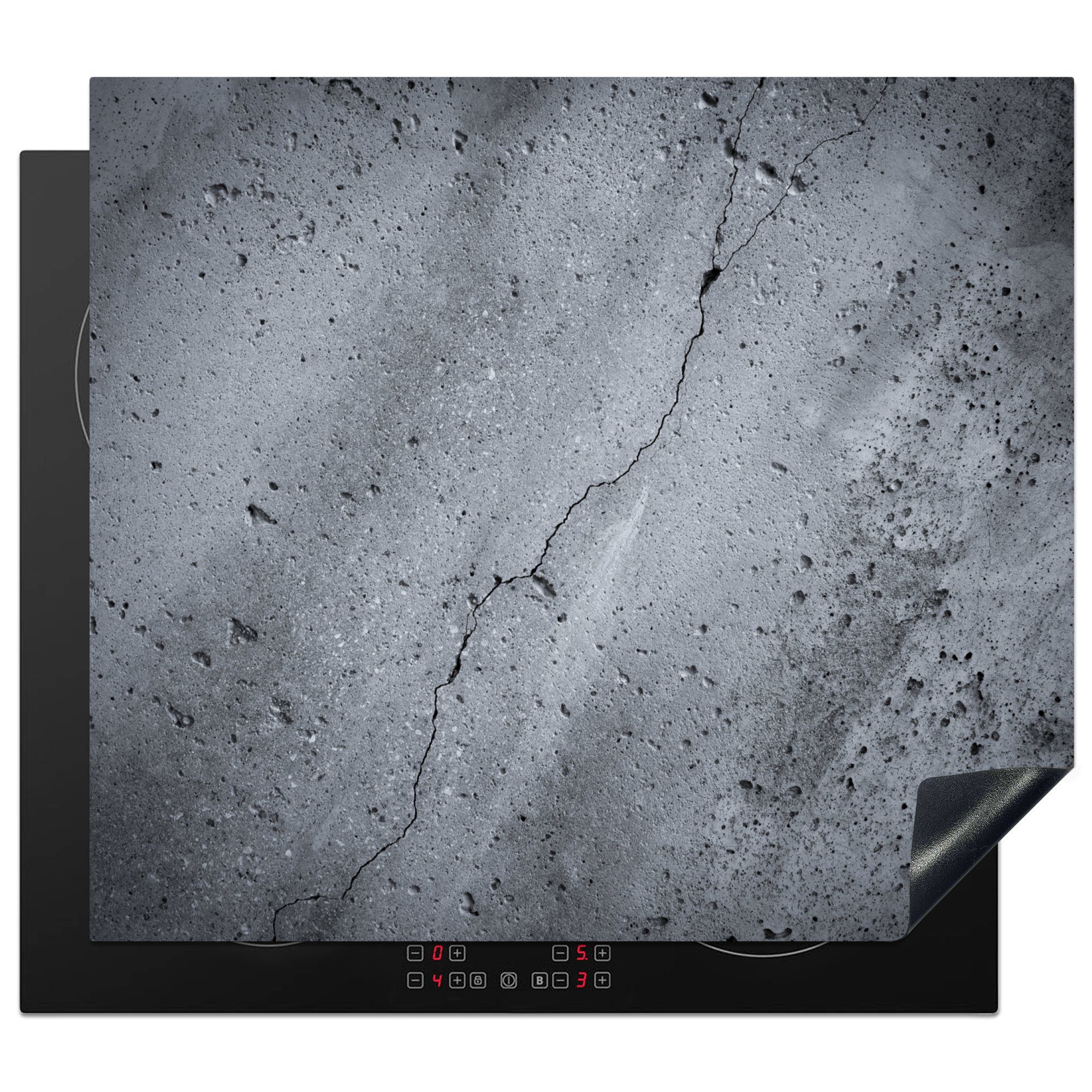 MuchoWow Herdblende-/Abdeckplatte Beton - Grau - Riss, Vinyl, (1 tlg), 57x51 cm, Induktionsschutz, Induktionskochfeld, Ceranfeldabdeckung