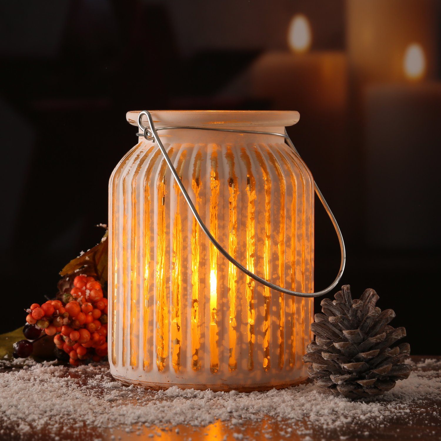 MARELIDA Windlicht Windlicht für Teelichter geriffeltes Glas H: 14,5cm weiß gold (1 St)