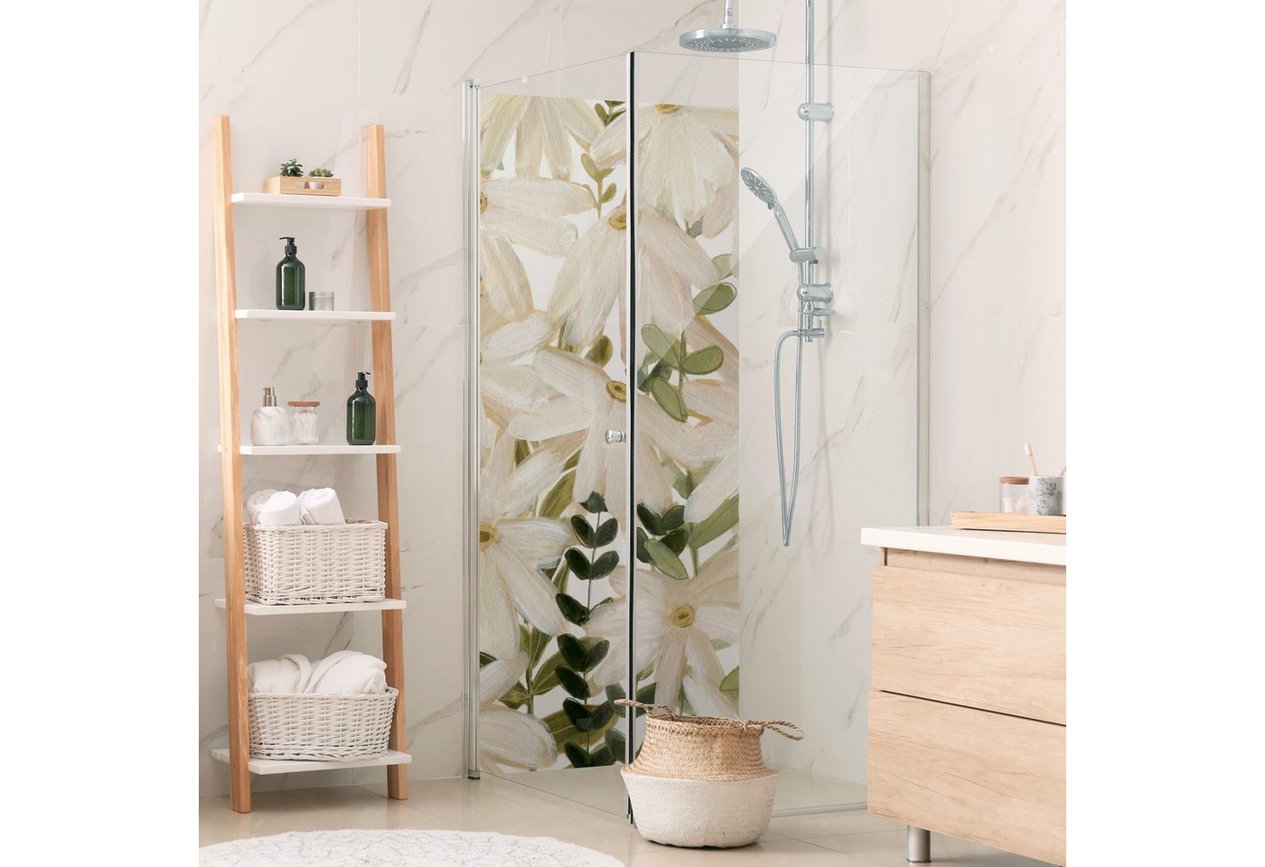 Thumbnail - Bilderdepot24 Duschrückwand Blumen weiß Duschrückwand ohne Bohren Dusche Motiv, (1-tlg., 0,61 mm starke Folie selbstkleb...
